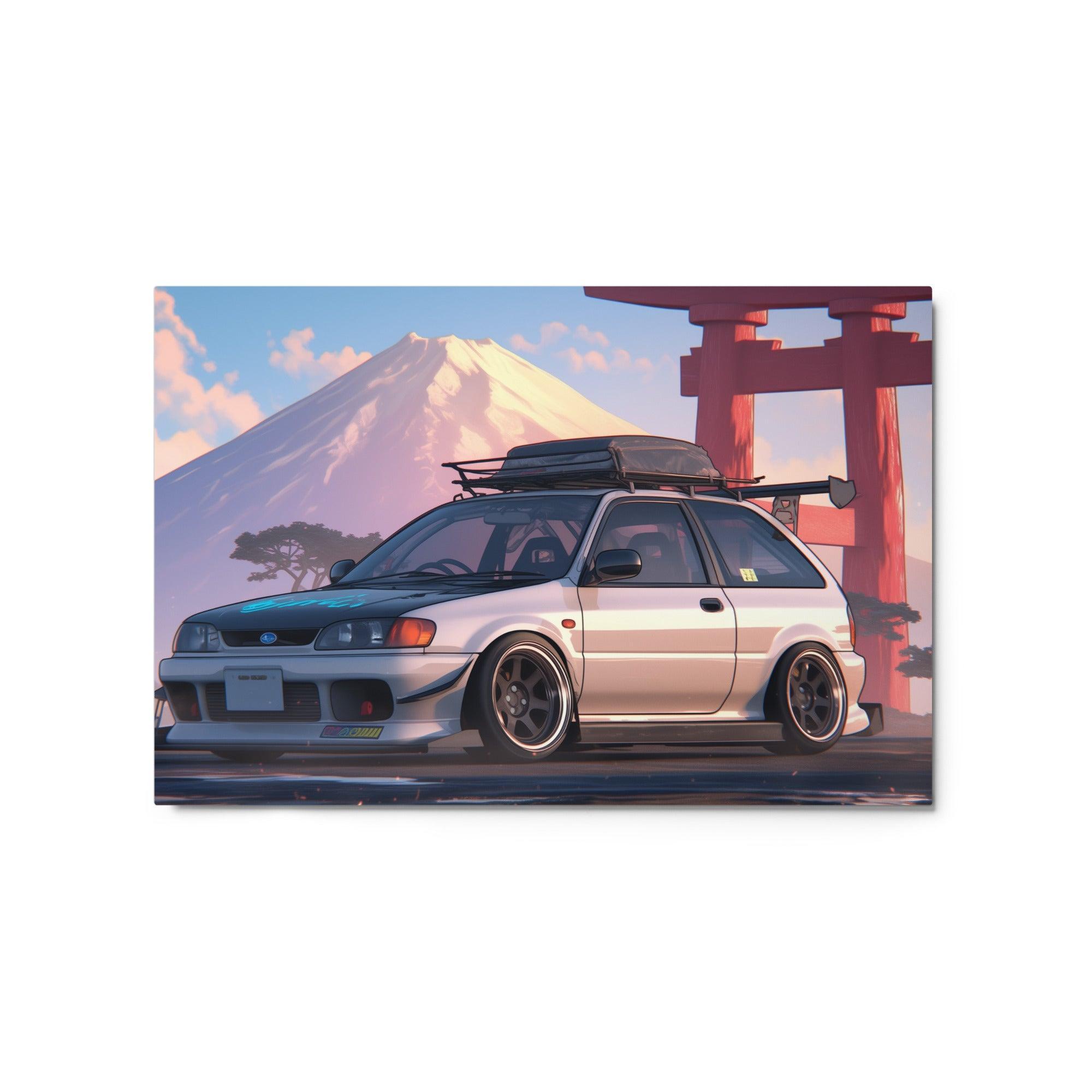 JDM Hatchback at Mount Fuji Scenic Digital Art Metal Poster - Oh Posters