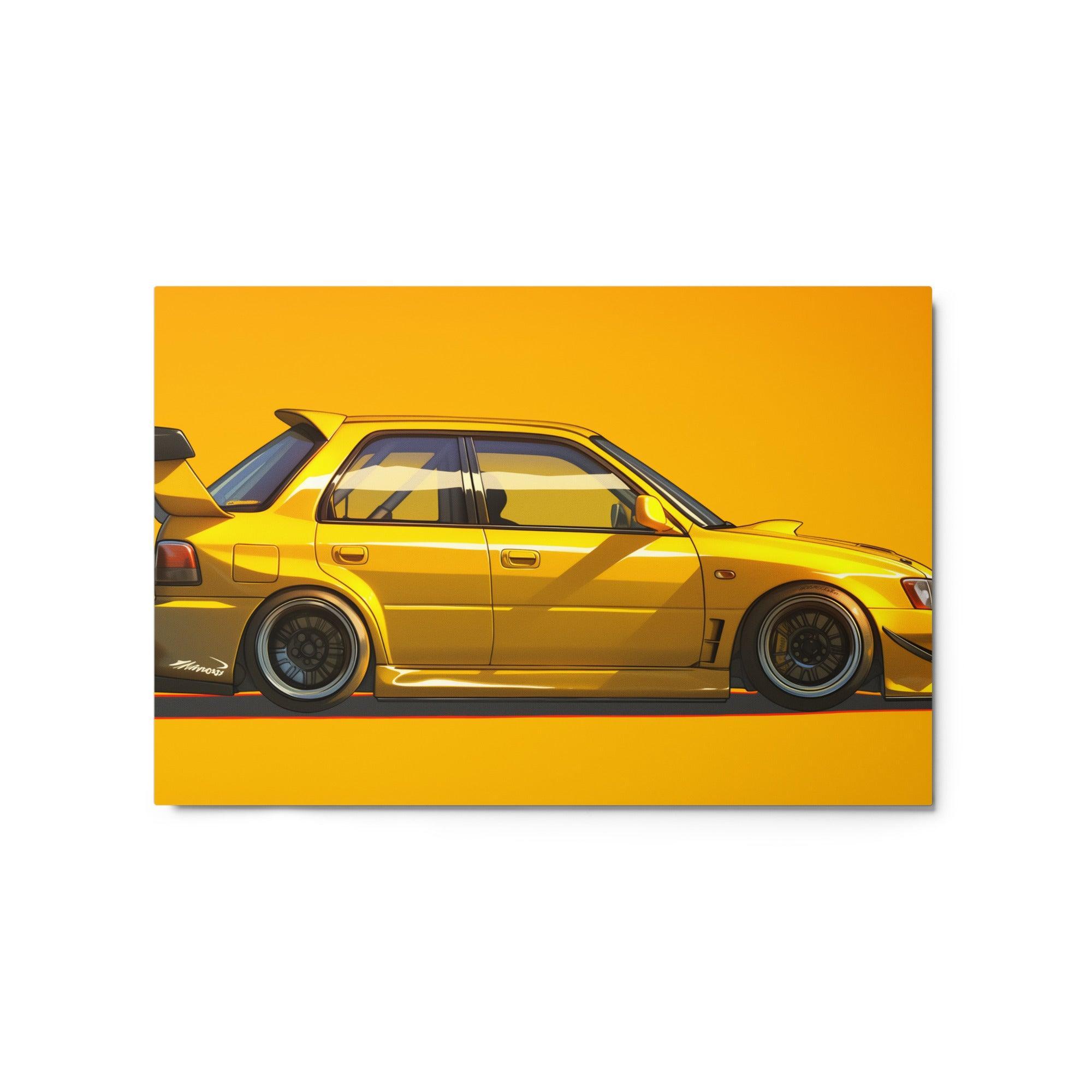 Yellow JDM Hatchback with Racing Spoiler Side Profile Art Metal Poster - Oh Posters