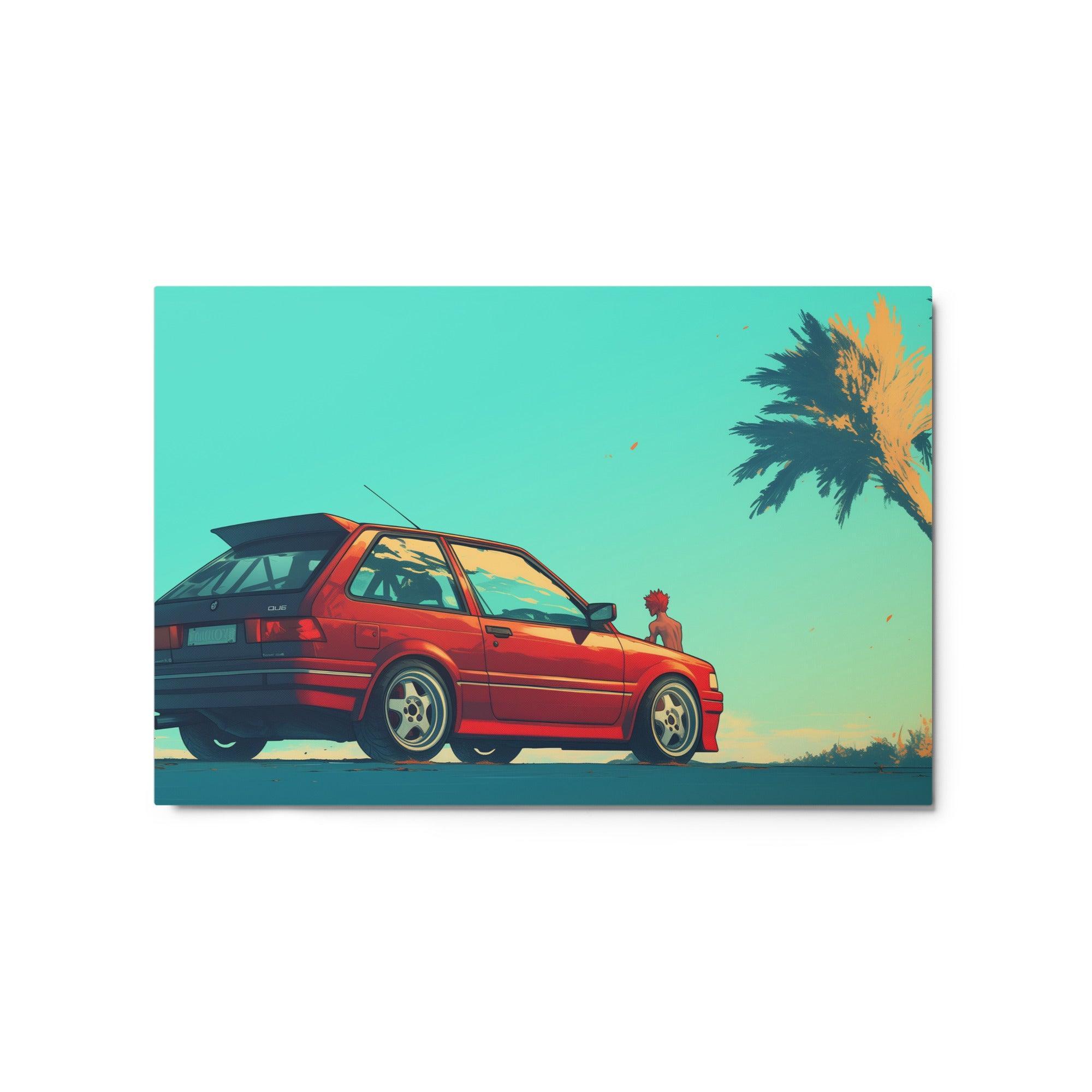 Red JDM Hatchback with Palms in Retro Beach Scene Digital Art Metal Poster - Oh Posters