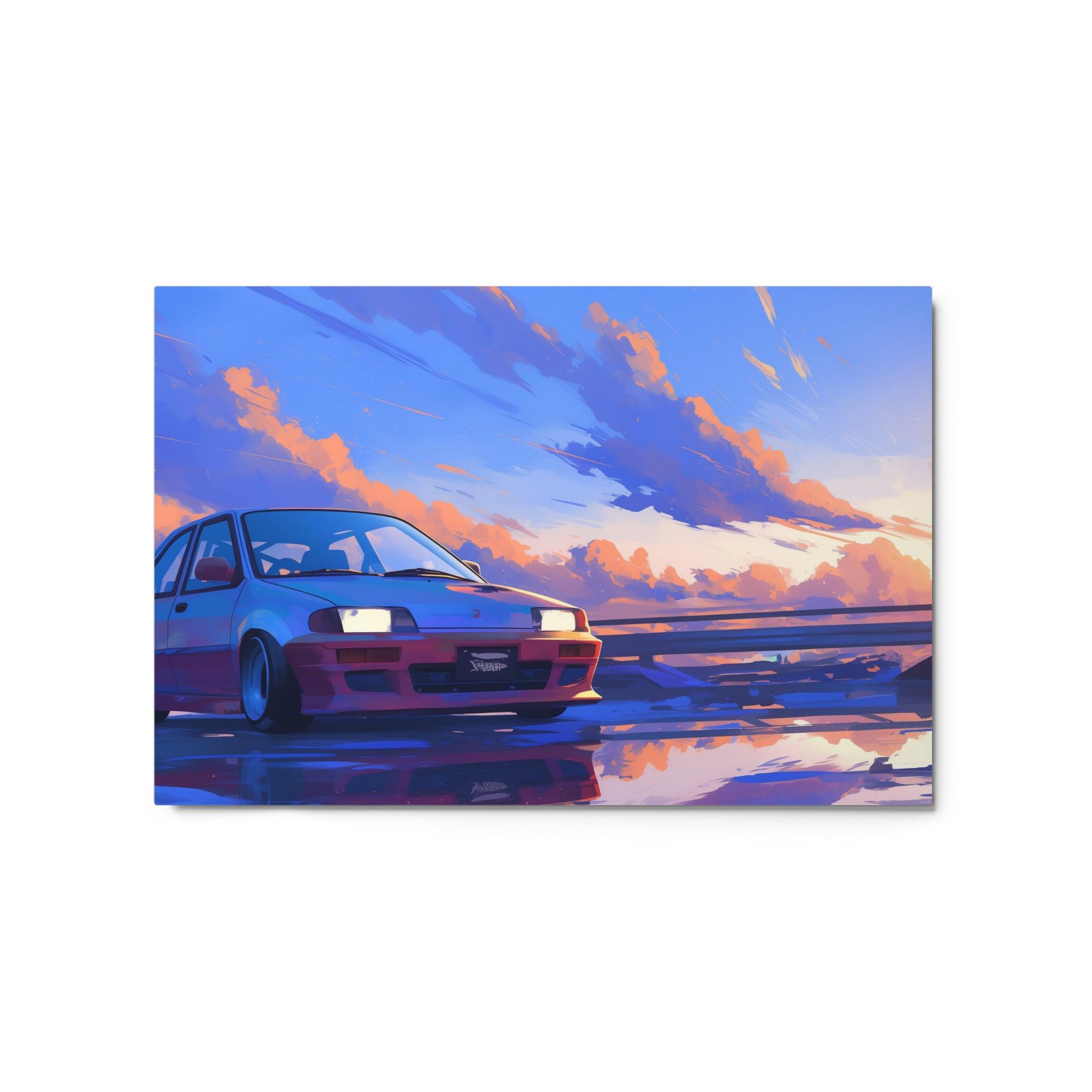 Retro 90s JDM Hatchback Sunset Scene Digital Art Metal Poster - Oh Posters