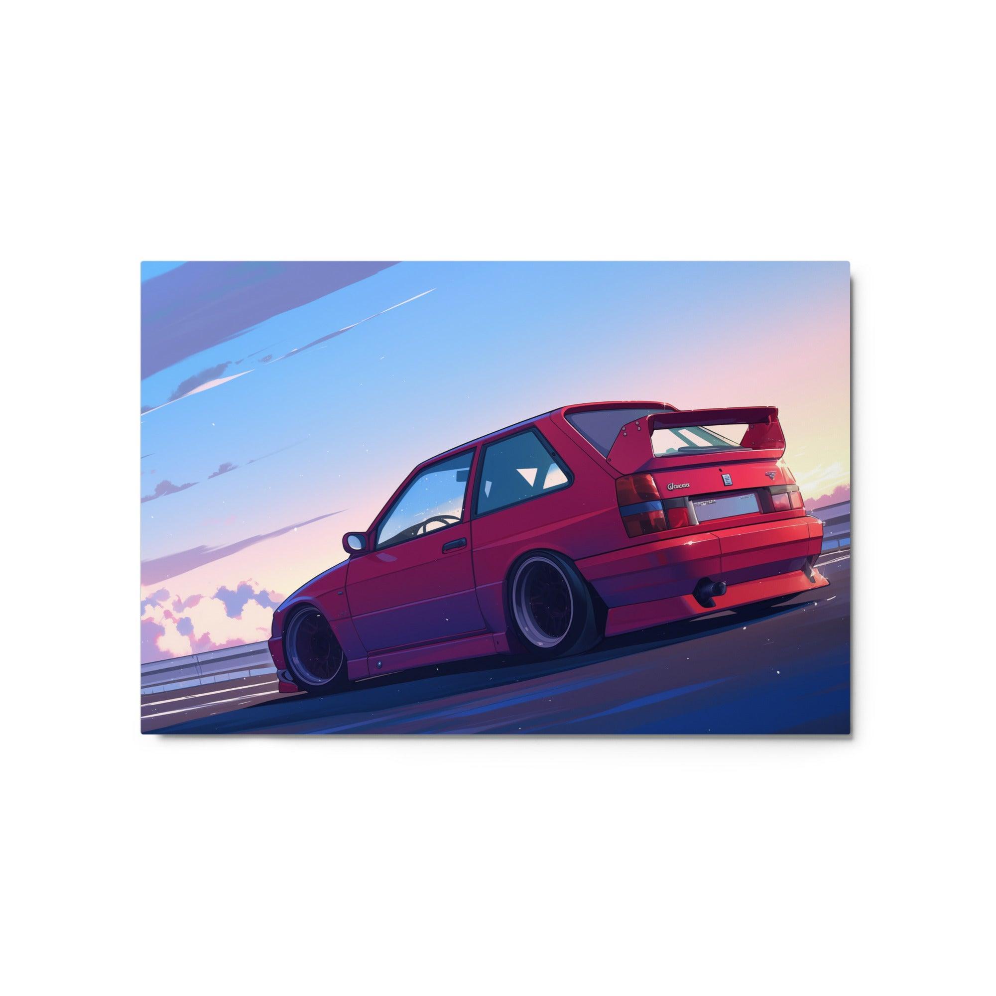 Red JDM 90s Hatchback at Sunset Highway Digital Artwork Metal Poster - Oh Posters