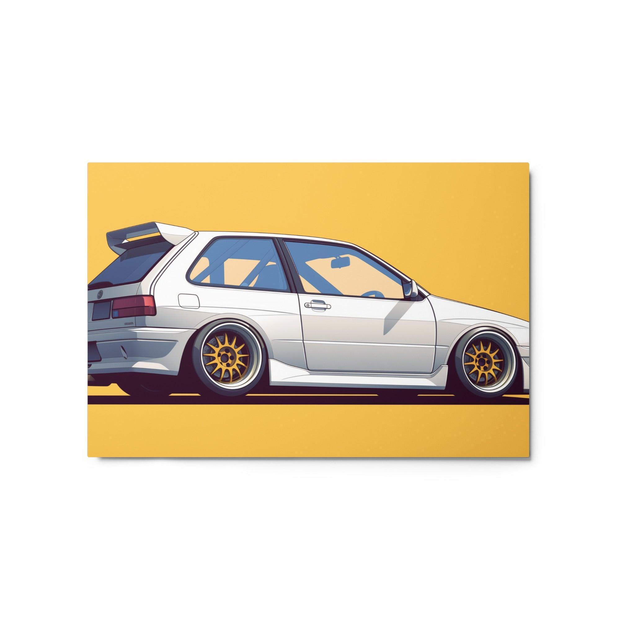 White JDM 90s Hatchback with Gold Wheels Minimalist Side Profile Metal Poster - Oh Posters