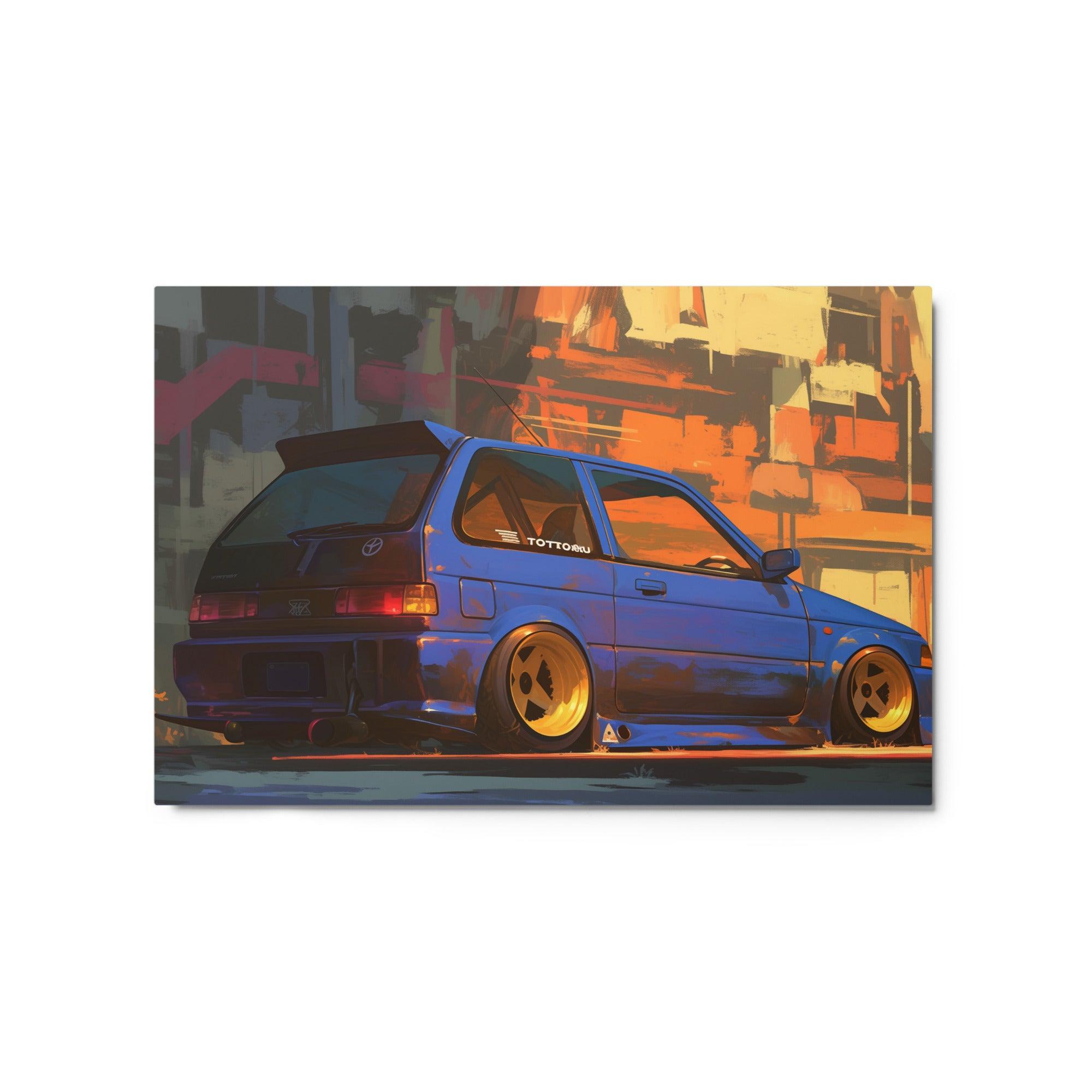 Urban JDM 90s Hatchback with Blue Body and Gold Wheels Digital Art Metal Poster - Oh Posters