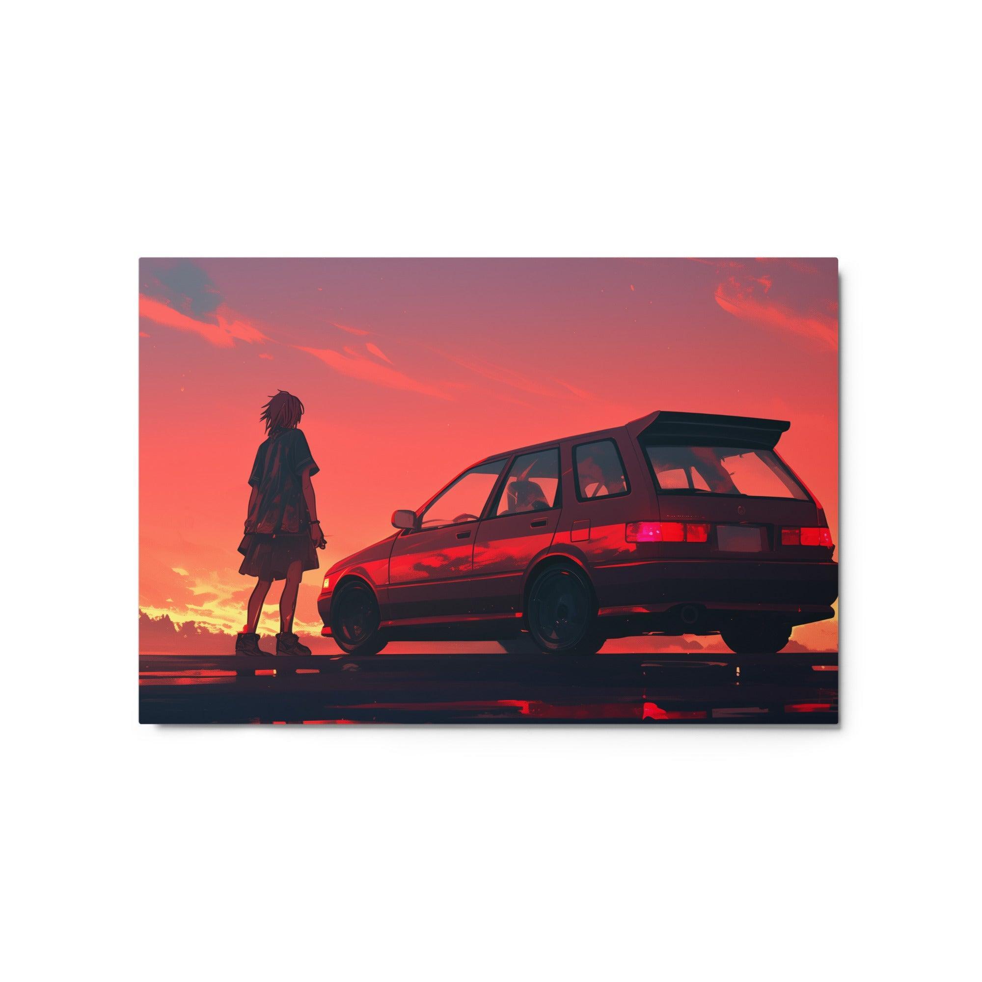 JDM 90s Hatchback Sunset Scene with Lone Figure Digital Art Metal Poster - Oh Posters