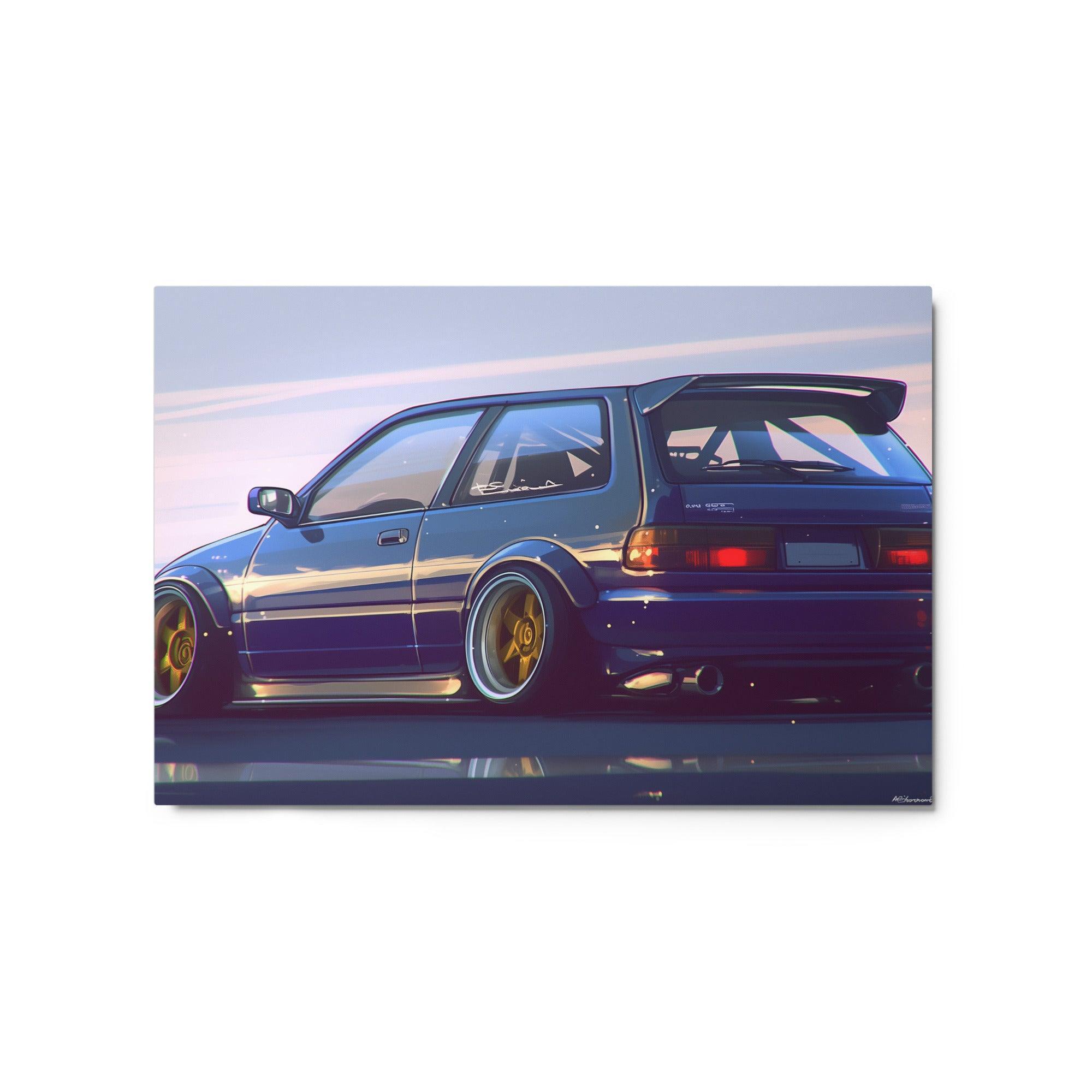 Sleek JDM 90s Hatchback with Gold Rims Sunset Illustration Metal Poster - Oh Posters