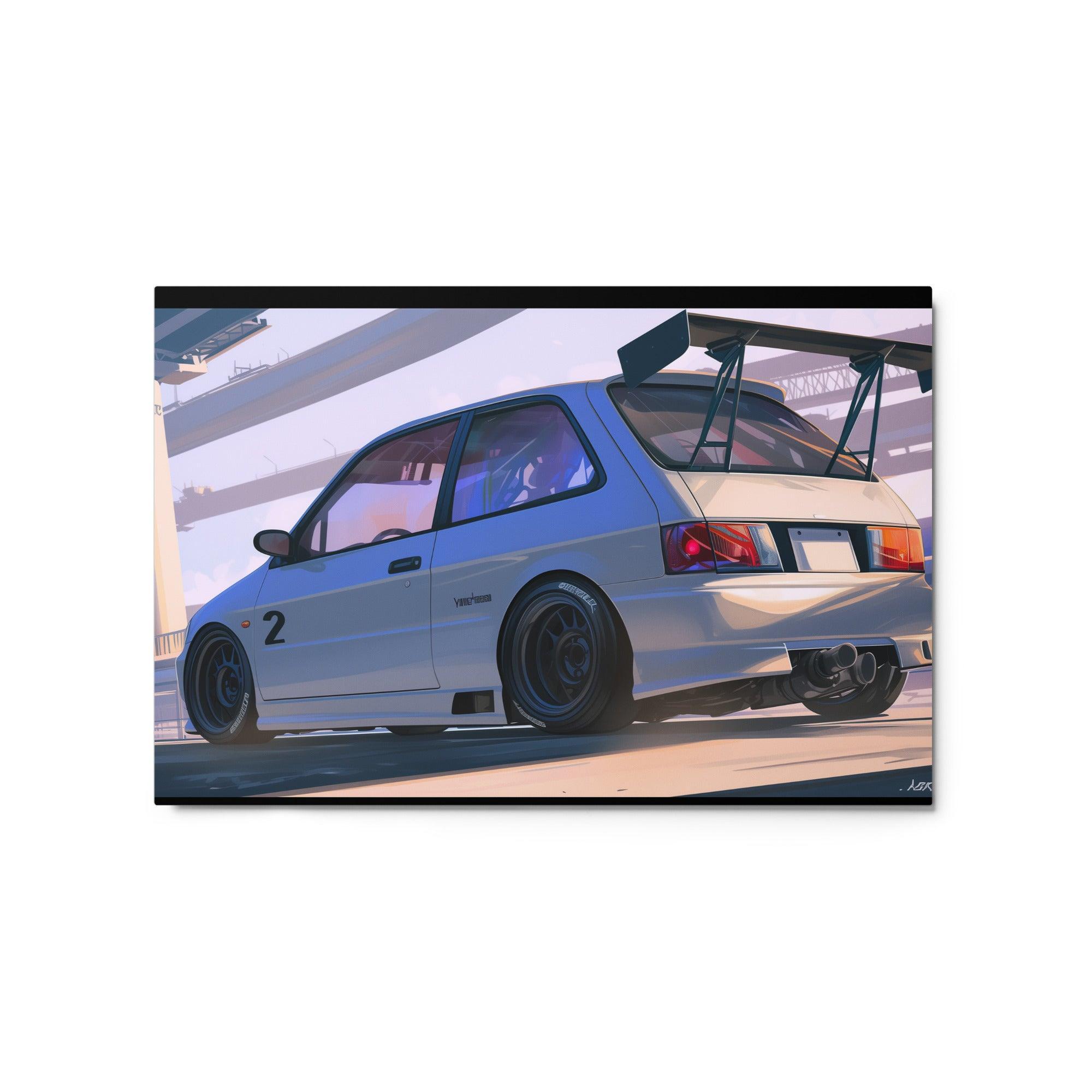 White JDM 90s Hatchback with Racing Spoiler Digital Art Metal Poster - Oh Posters