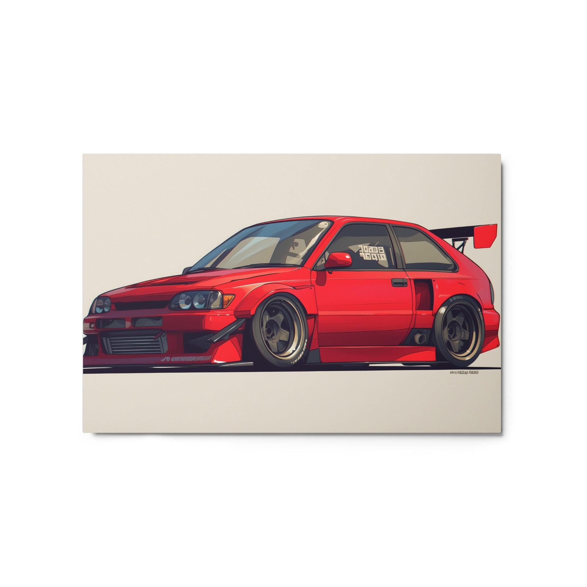 Red JDM 90s Hatchback with Wide Body Kit and Spoiler Digital Art Metal Poster - Oh Posters