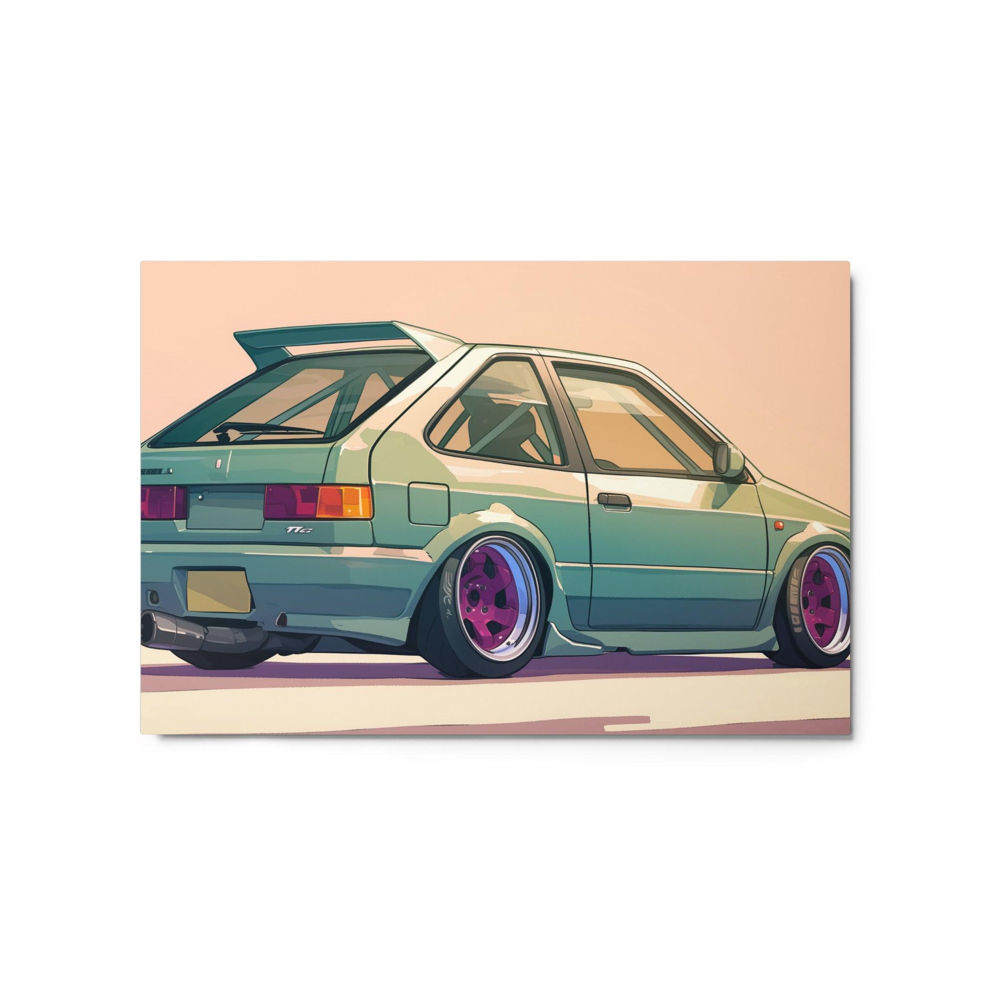 Green JDM 90s Hatchback Rear View with Purple Rims Digital Illustration Metal Poster - Oh Posters