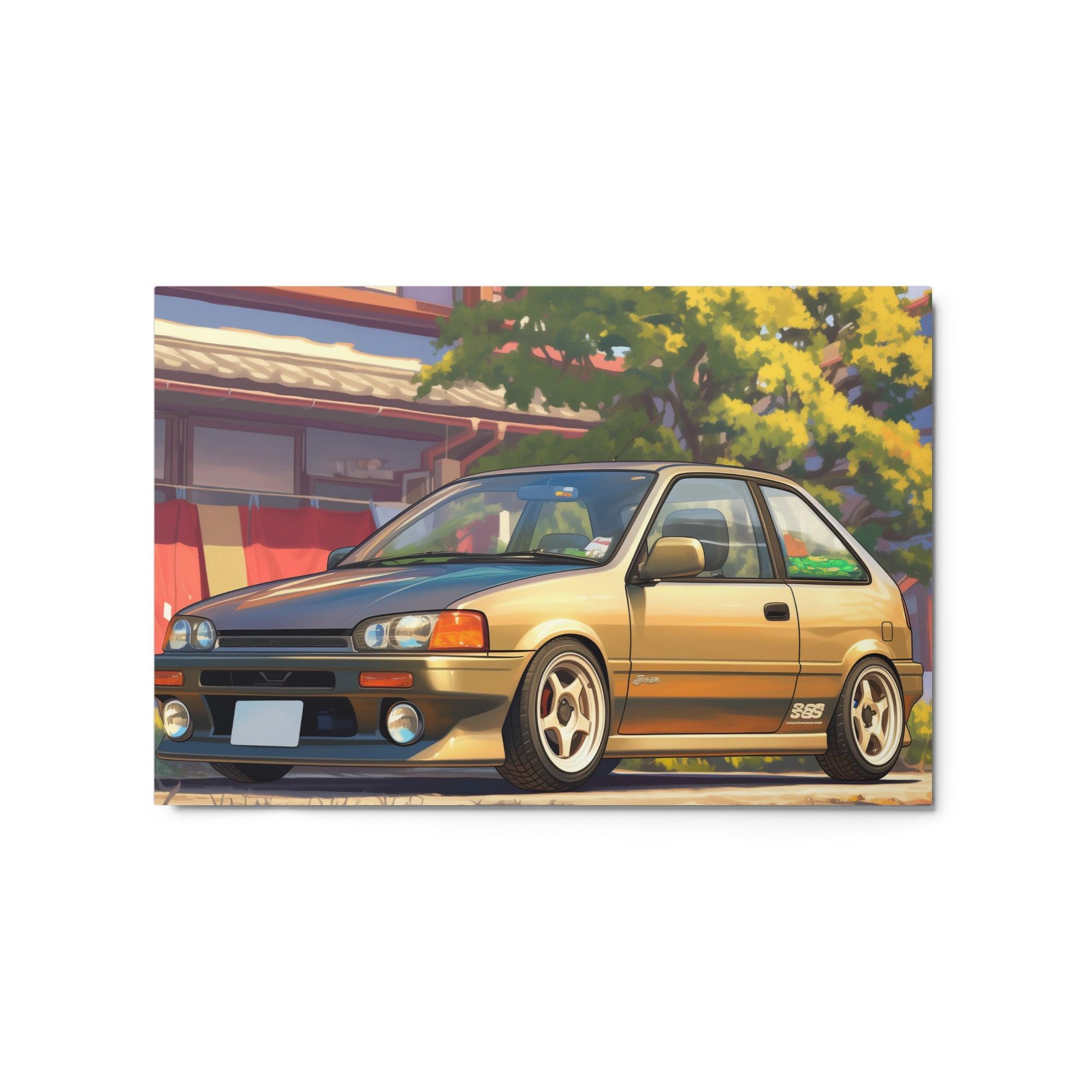 Classic JDM 90s Hatchback in Traditional Street Scene Digital Art Metal Poster - Oh Posters