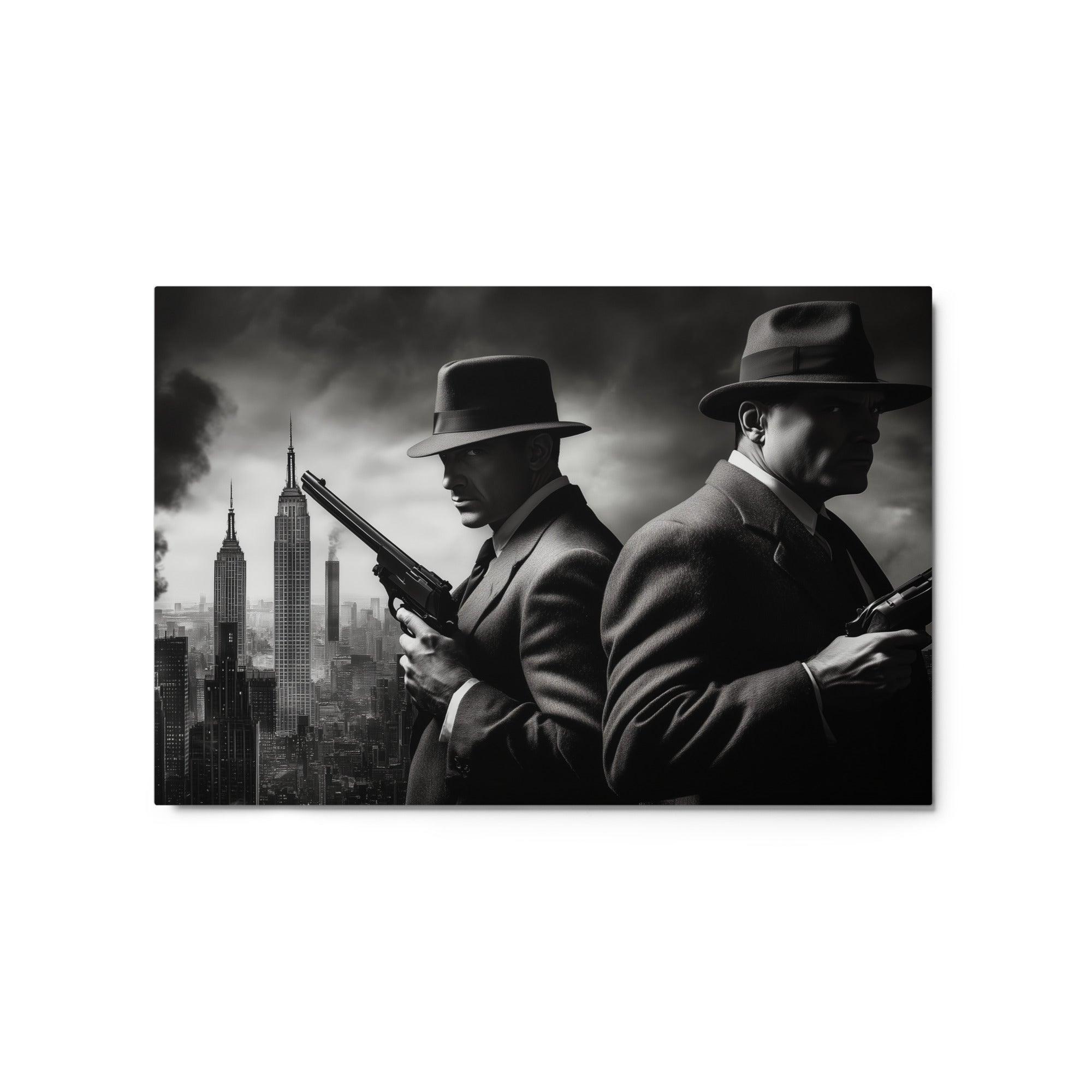 Back-to-Back Mobsters with Skyline Smoke Dramatic Noir Artwork Metal Poster - Oh Posters