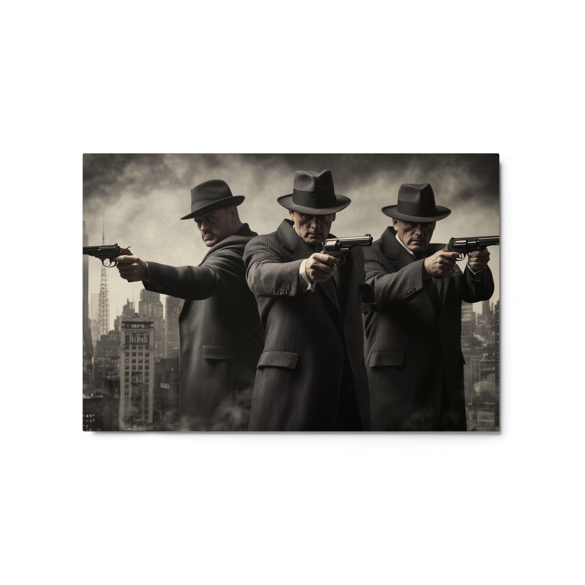 Three Mafia Figures Aiming Pistols Urban Noir Crime Scene Art Metal Poster - Oh Posters