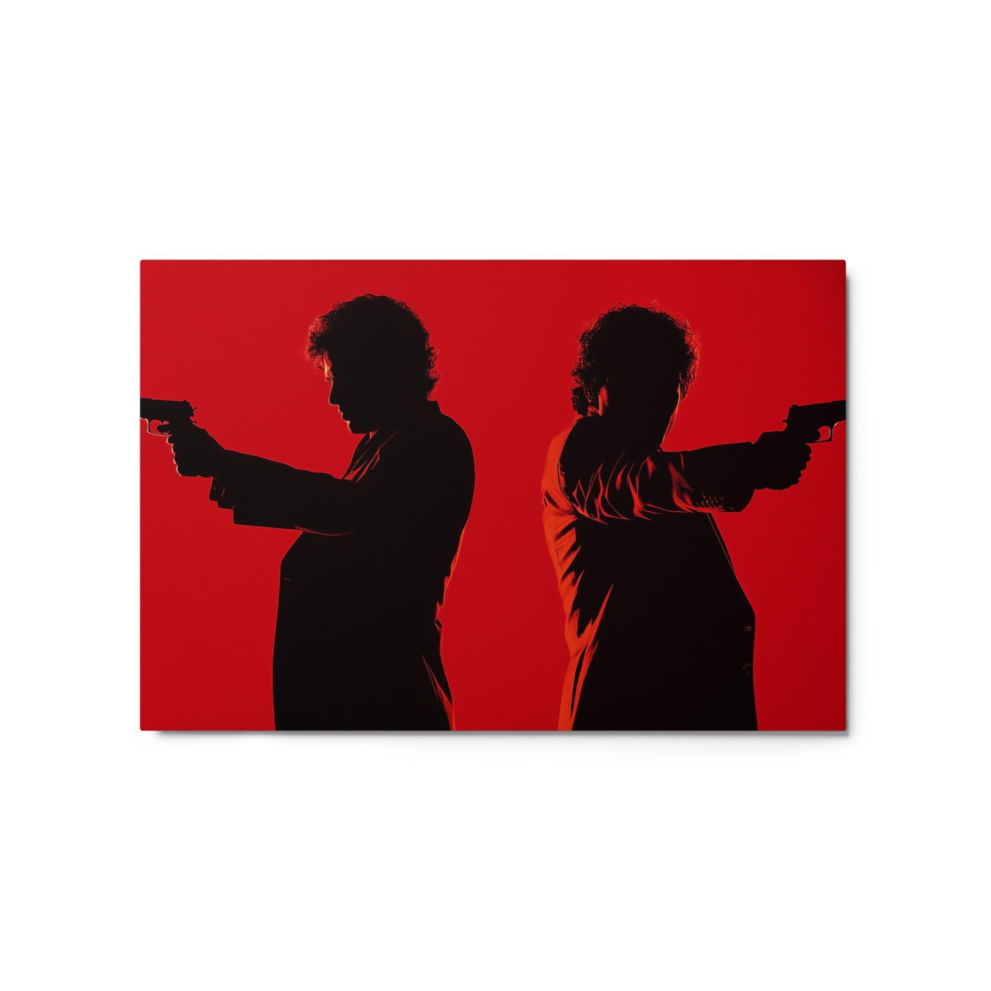 Dual Gunmen Silhouettes on Red Background Cinematic Noir Style Metal Poster - Oh Posters