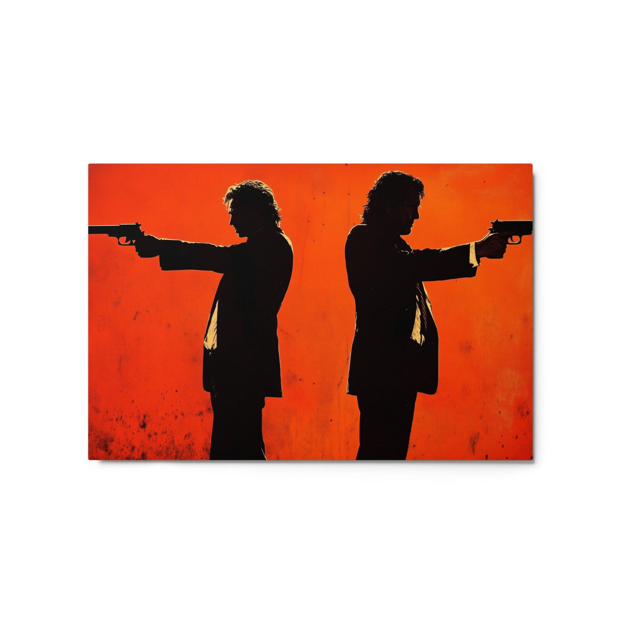 Opposing Mafia Figures Silhouetted on Bright Red Tense Showdown Art Metal Poster - Oh Posters