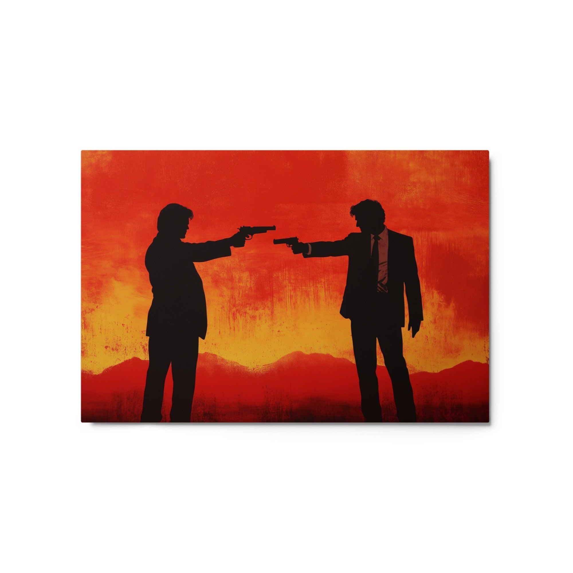 Mafia Gunfight Silhouettes Dramatic Orange-Red Scene Illustration Metal Poster - Oh Posters