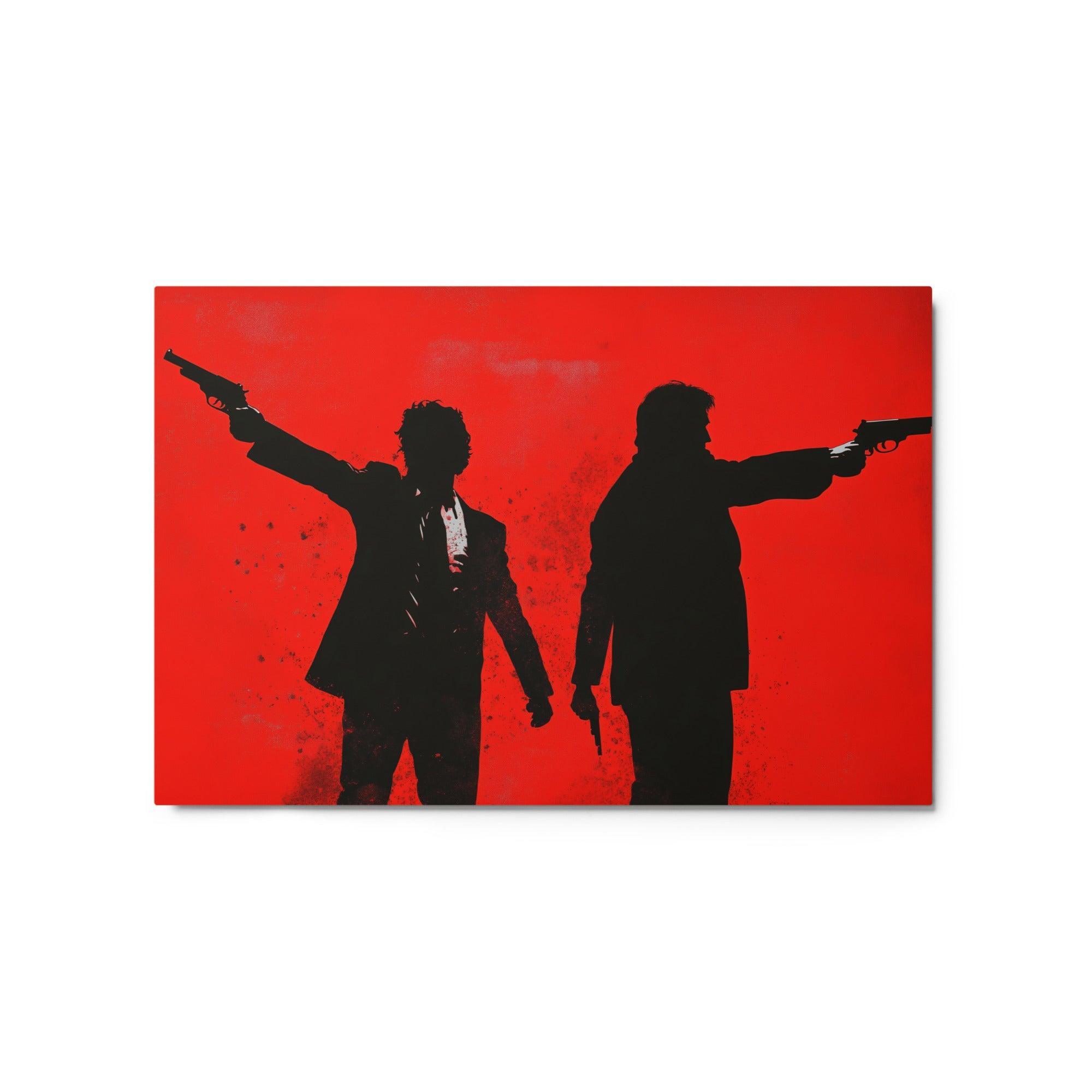 Confrontation Silhouettes in Red Vibrant Noir Crime Artwork Metal Poster - Oh Posters