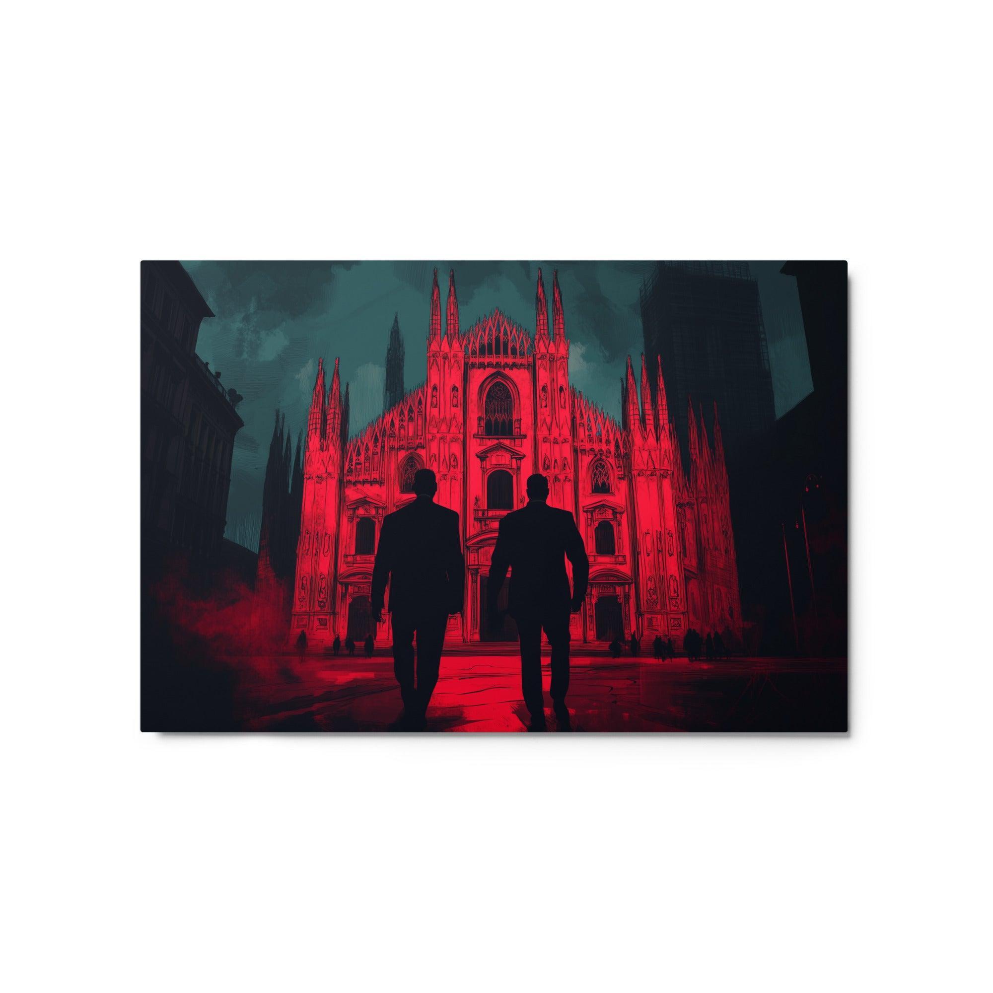 Mafia Figures Walking Towards Illuminated Cathedral Dramatic Red Art Metal Poster - Oh Posters