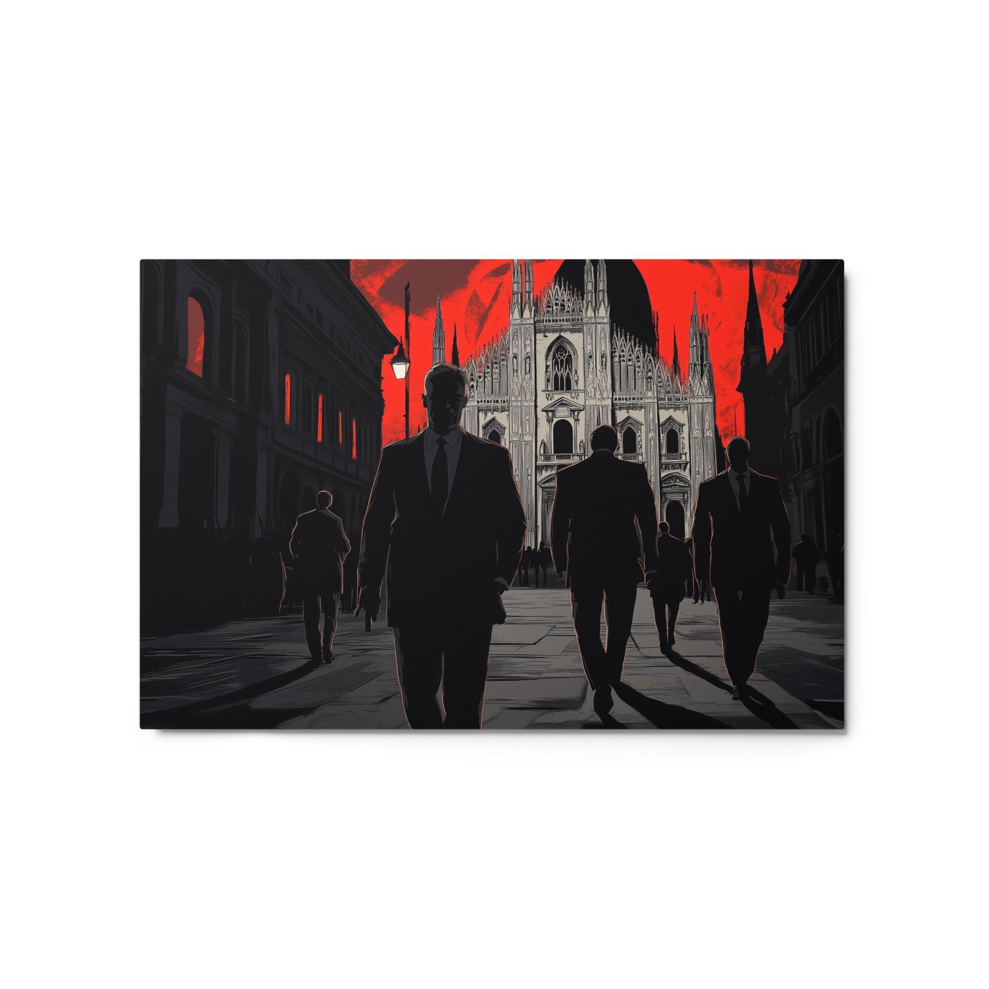 Mobsters Approaching Cathedral Against Red Sky Dark Urban Scene Metal Poster - Oh Posters