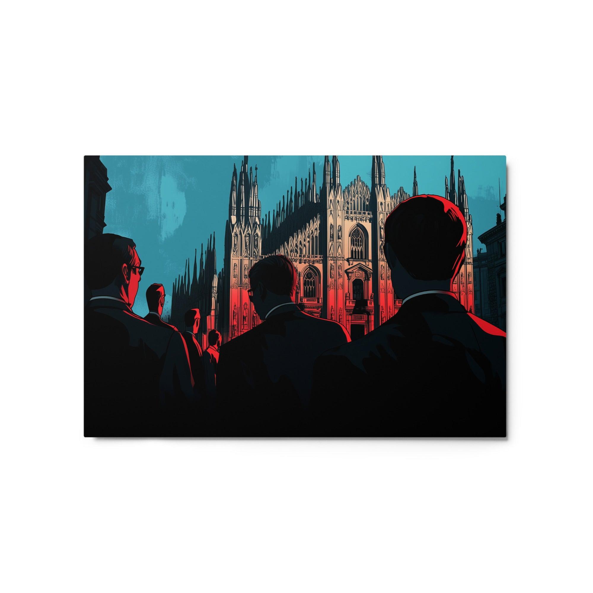 Mafia Men Observing Gothic Cathedral Noir Red and Blue Art Style Metal Poster - Oh Posters