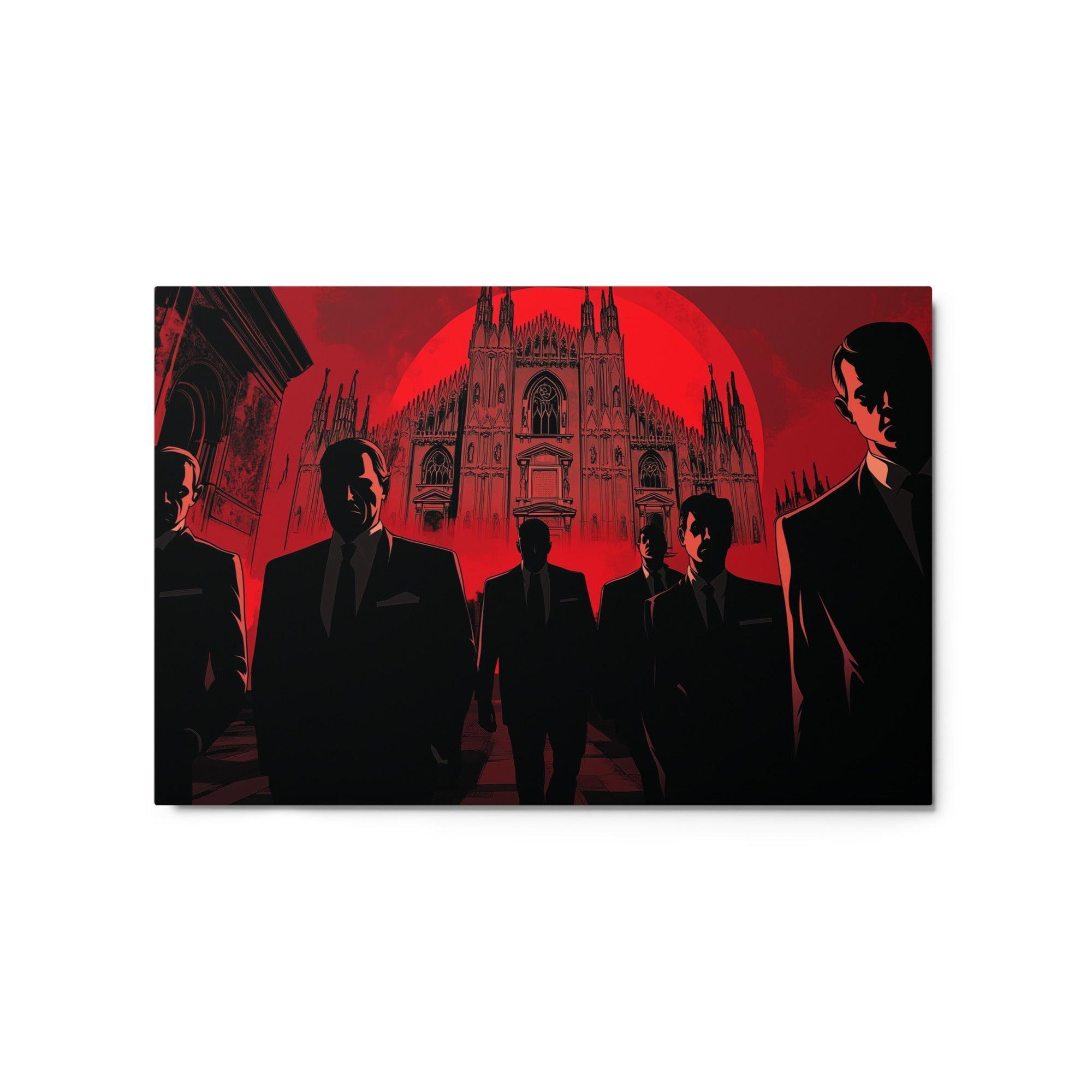 Mafia Men in Suits Walking Toward Cathedral Under Red Sky Noir Art Metal Poster - Oh Posters