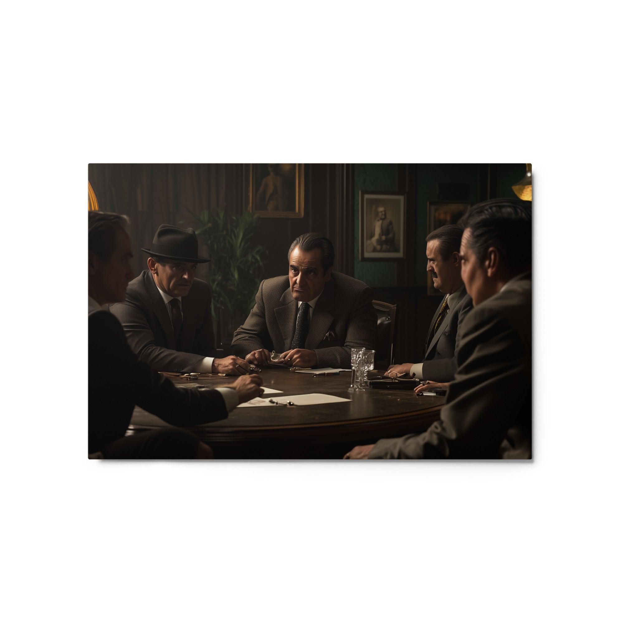 Mob Bosses in Dimly Lit Room Intense Negotiation Scene Artwork Metal Poster - Oh Posters