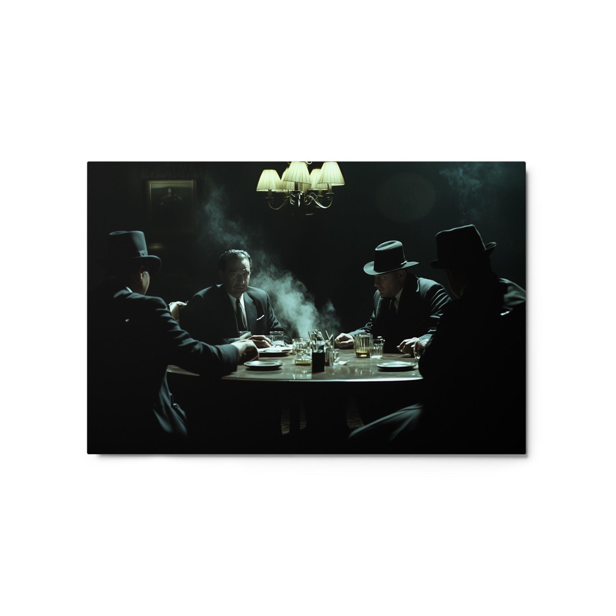 Gangsters at Table Under Lamp Dramatic Smoky Noir Mafia Setting Metal Poster - Oh Posters