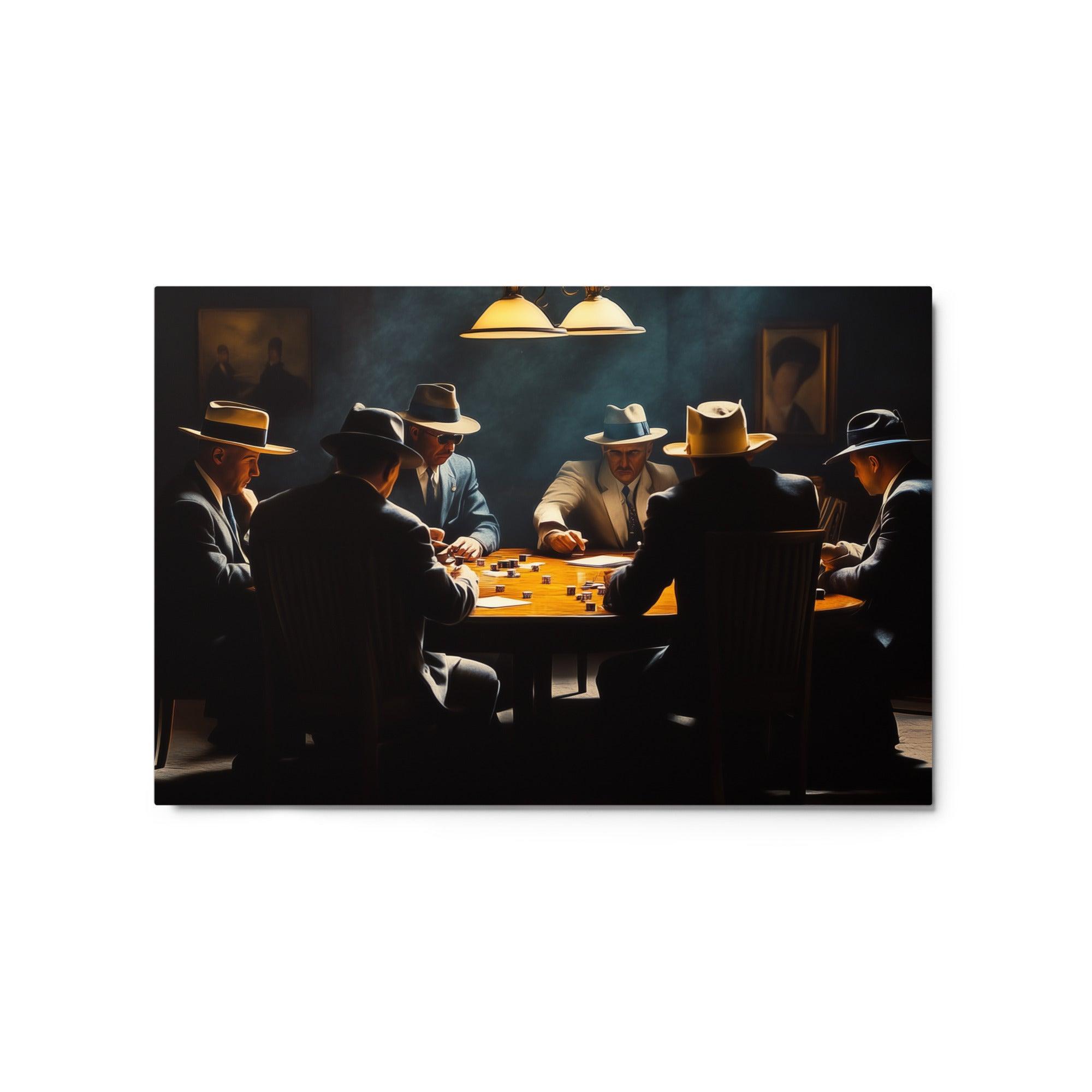 Mafia Members in Fedoras Playing Poker Tense Crime Scene Artwork Metal Poster - Oh Posters