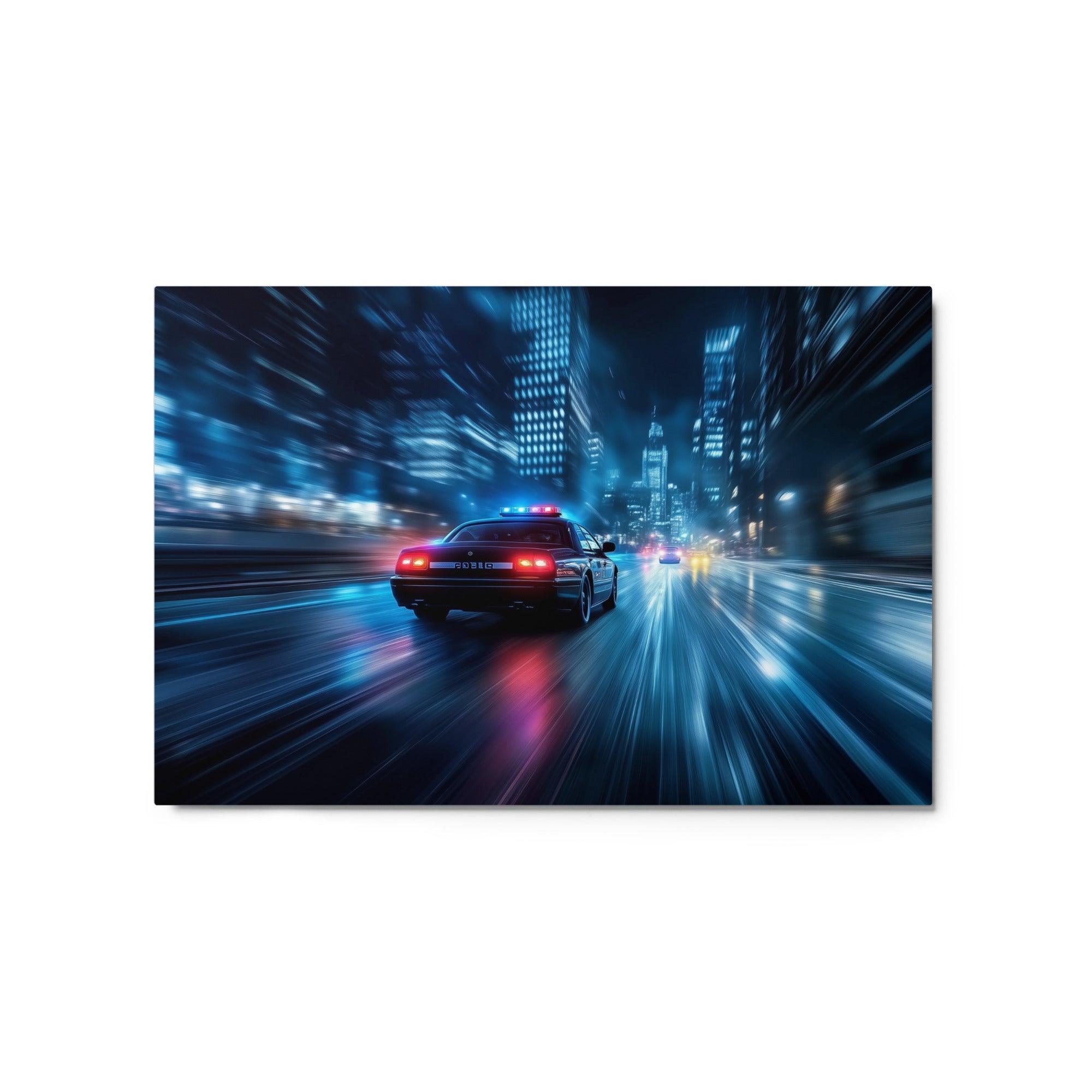 High-Speed Police Car Chase Night City Neon Lights Dynamic Art Metal Poster - Oh Posters