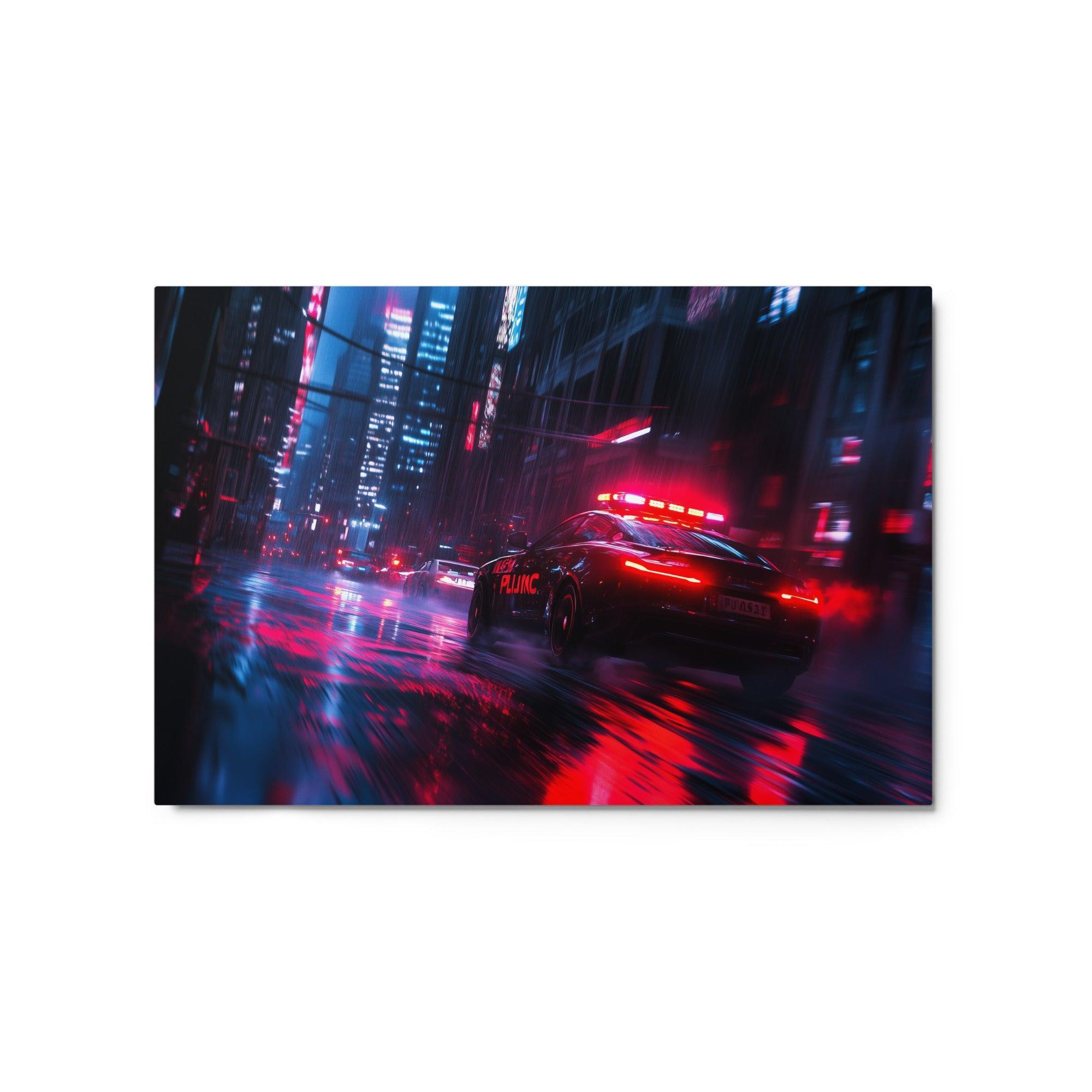 Futuristic Police Car Pursuit Rainy Cyberpunk City Red and Blue Lights Metal Poster - Oh Posters