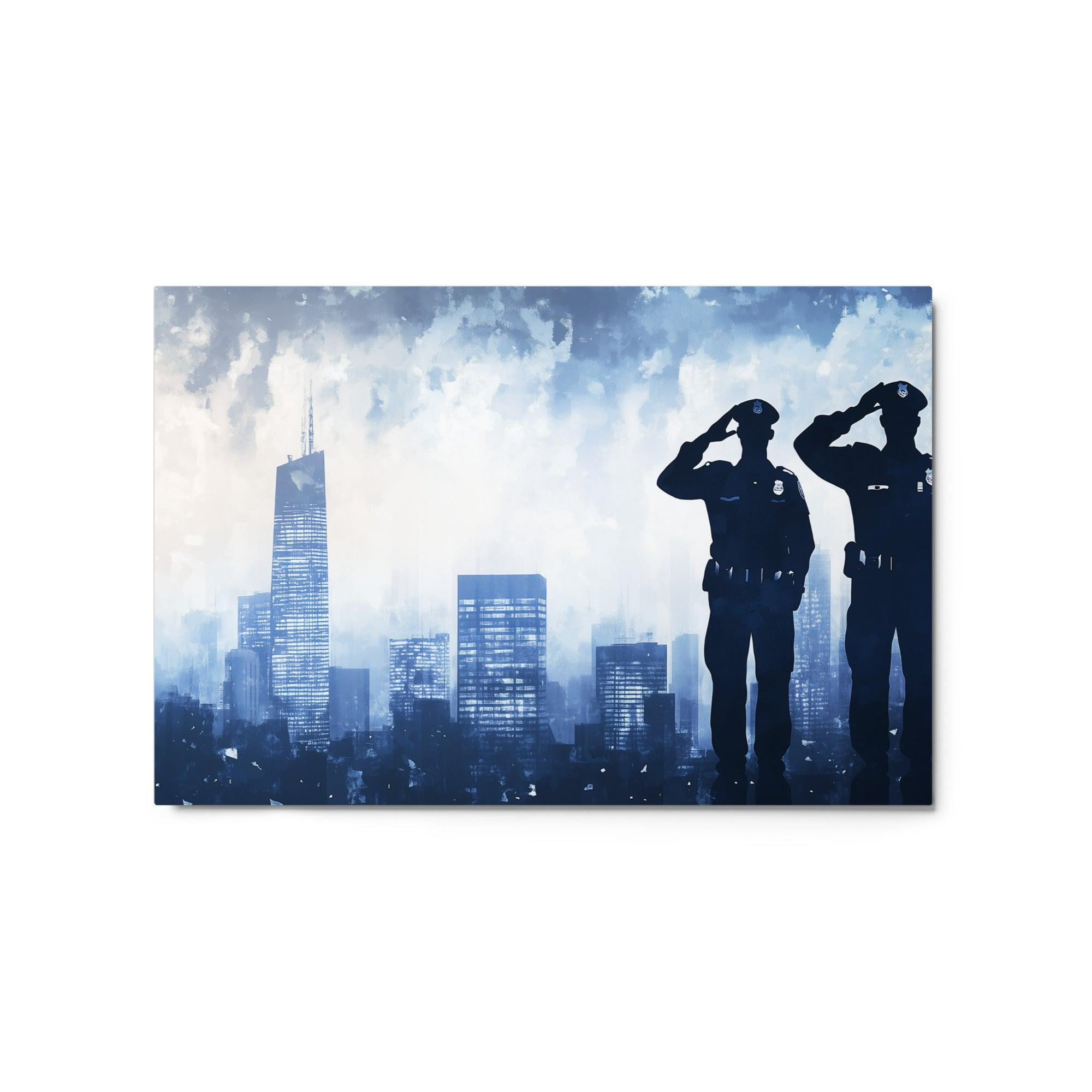 Police Officers Saluting Silhouette Against Blue City Skyline Watercolor Style Metal Poster - Oh Posters