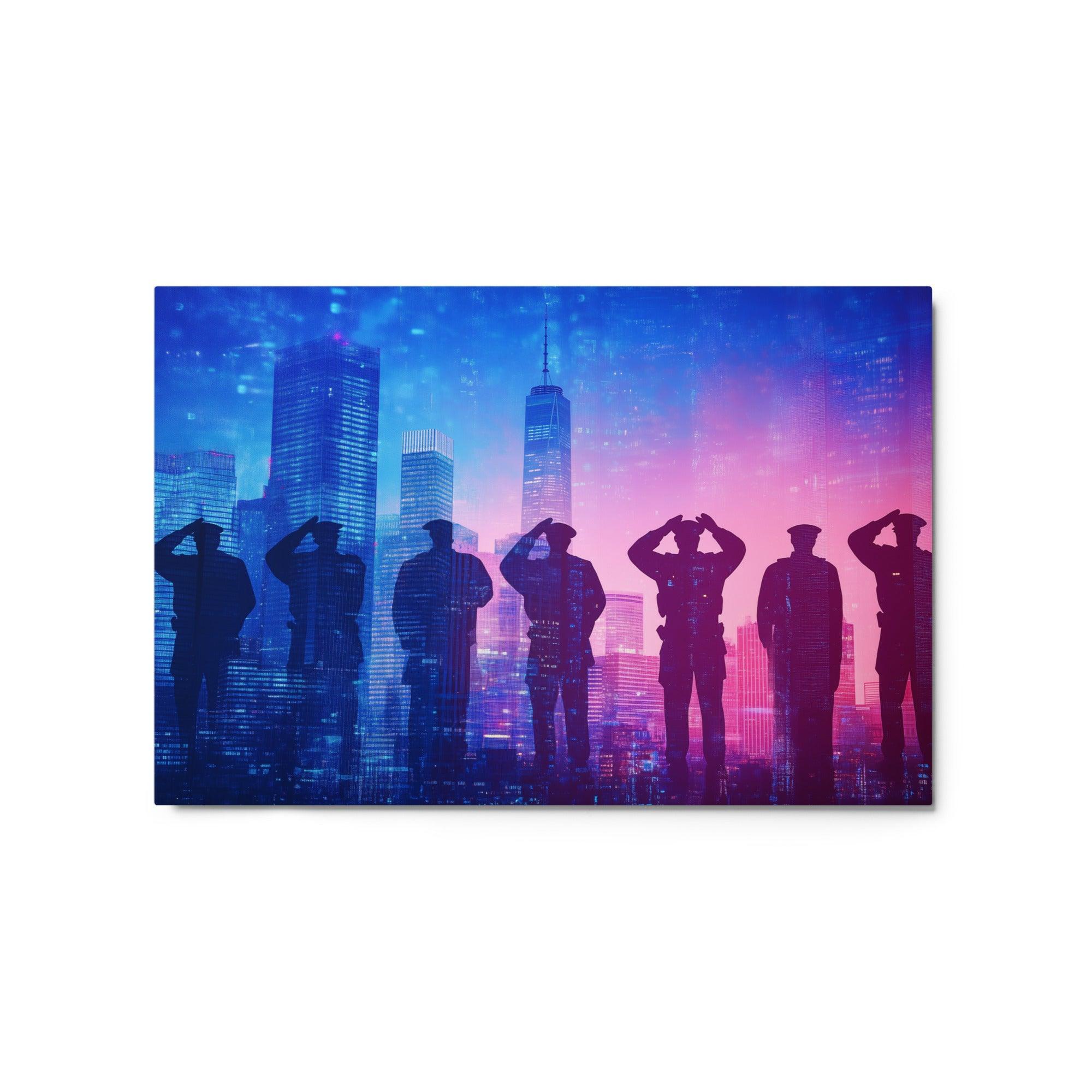 Group of Police Officers Saluting Vibrant Neon City Skyline Background Metal Poster - Oh Posters