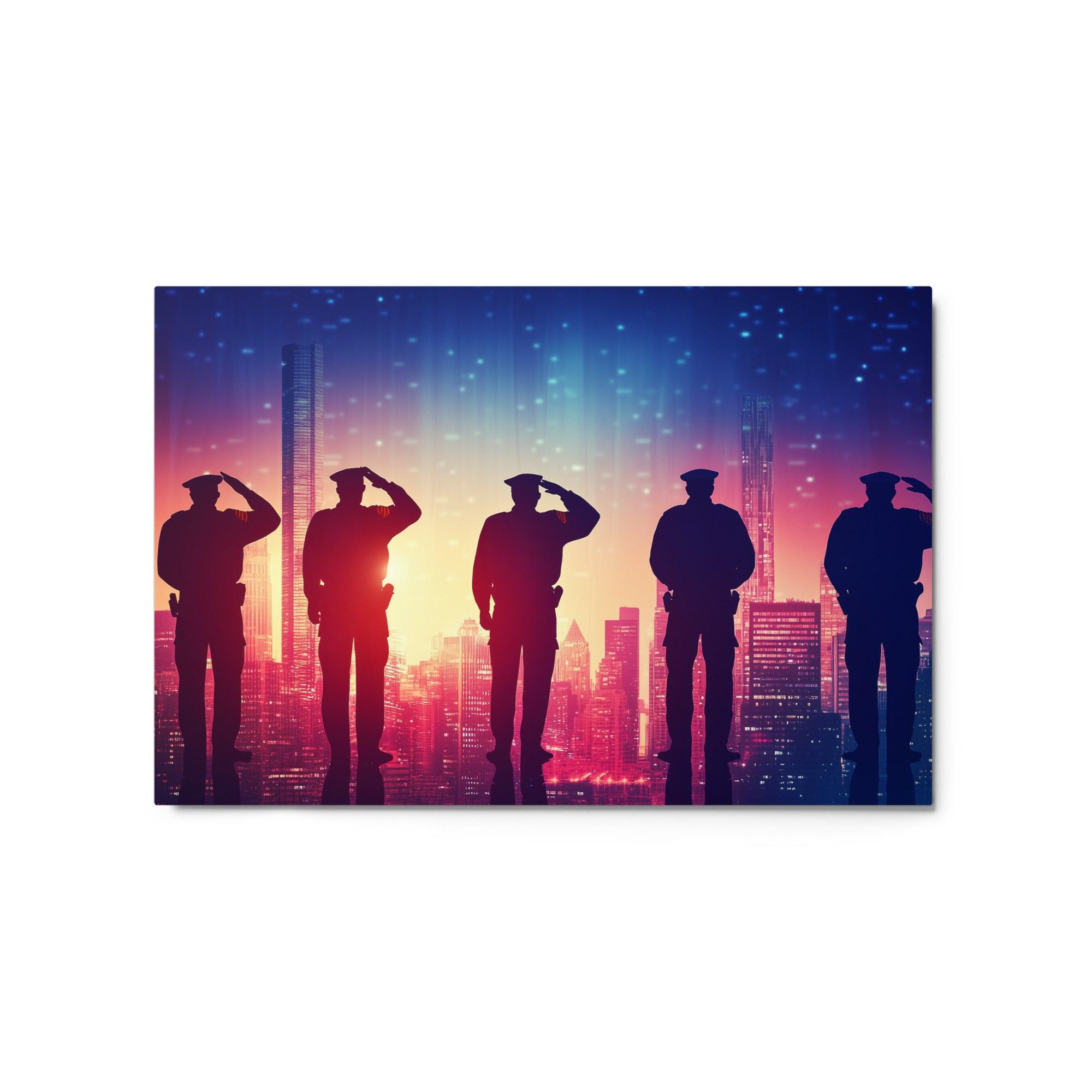 Police Officers Saluting City Sunset Gradient Skyline Silhouette Artwork Metal Poster - Oh Posters