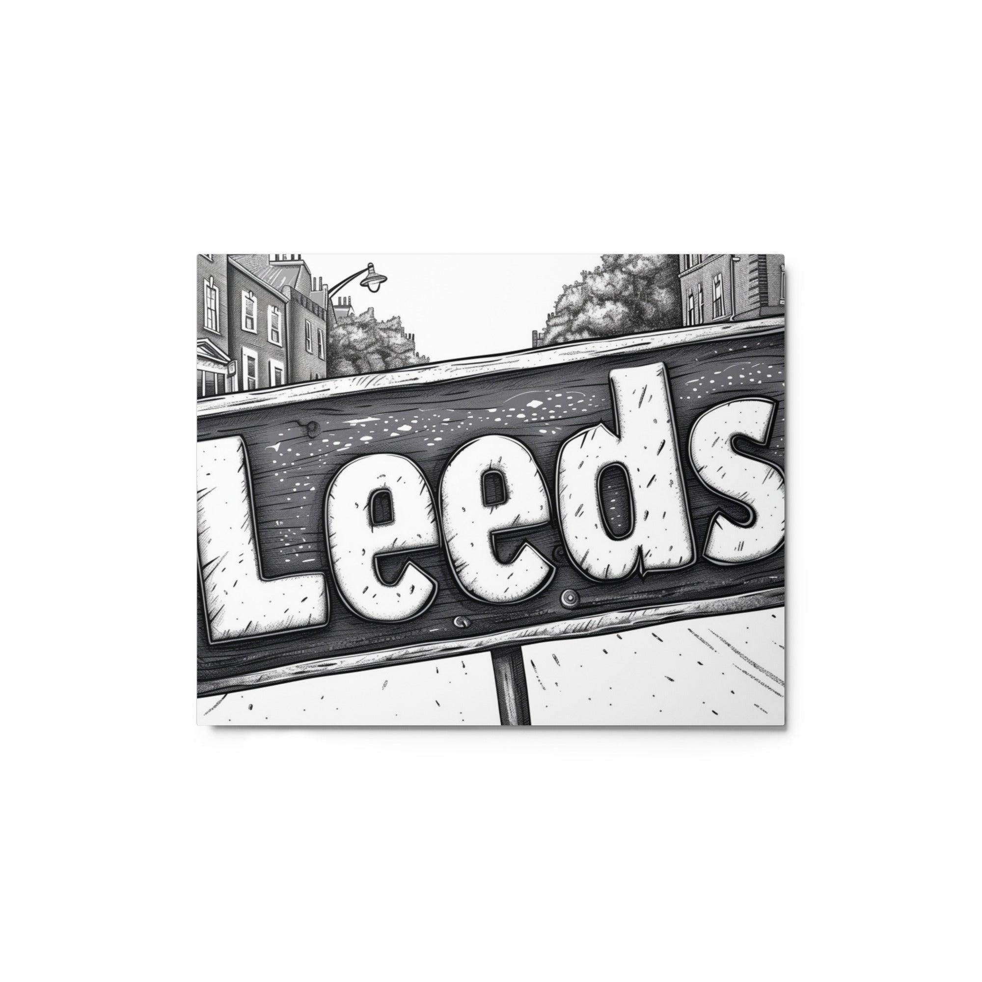 Leeds Black and White Street Sign Illustration Metal Poster - Oh Posters