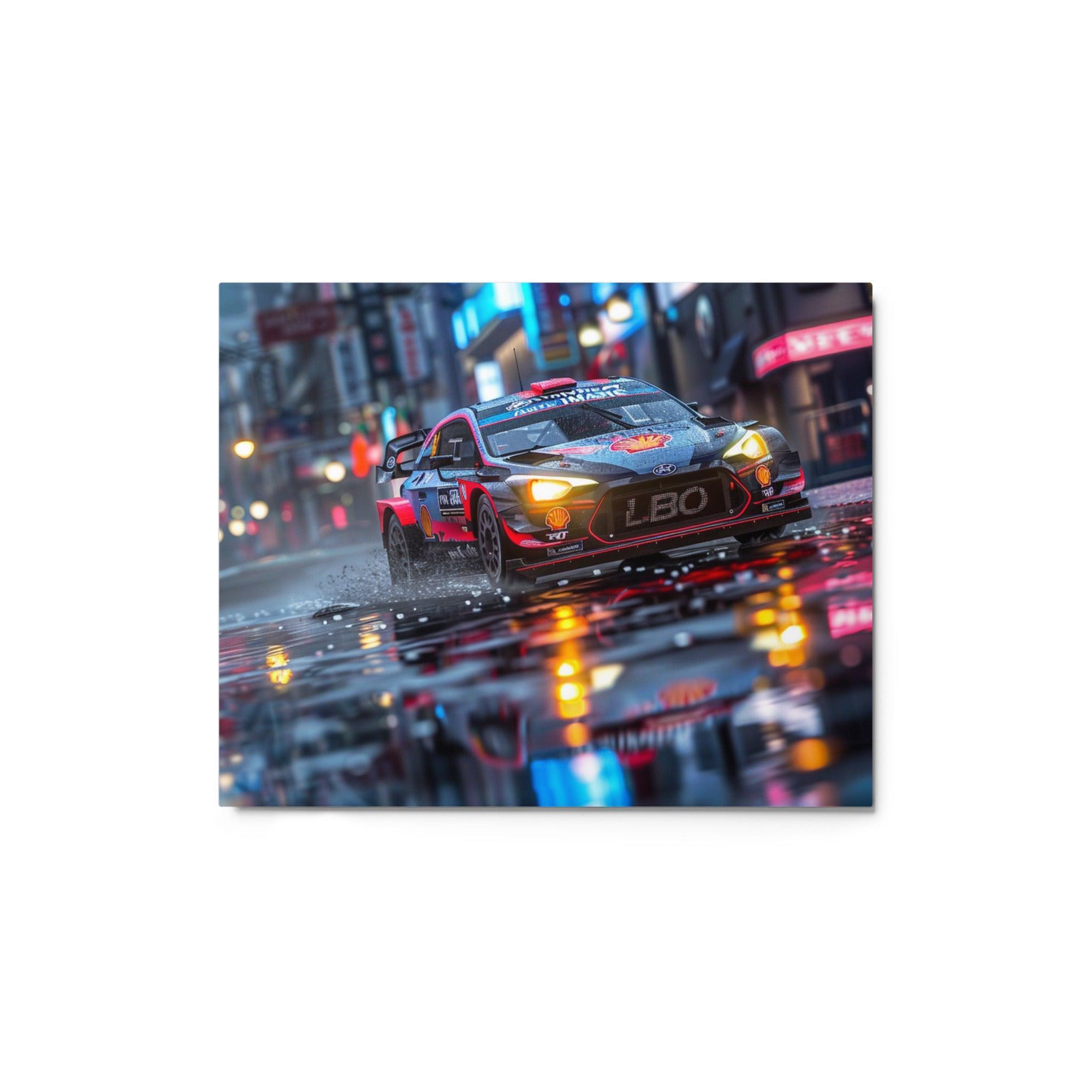 City Lights Wet Street Rally Car Metal Poster - Oh Posters