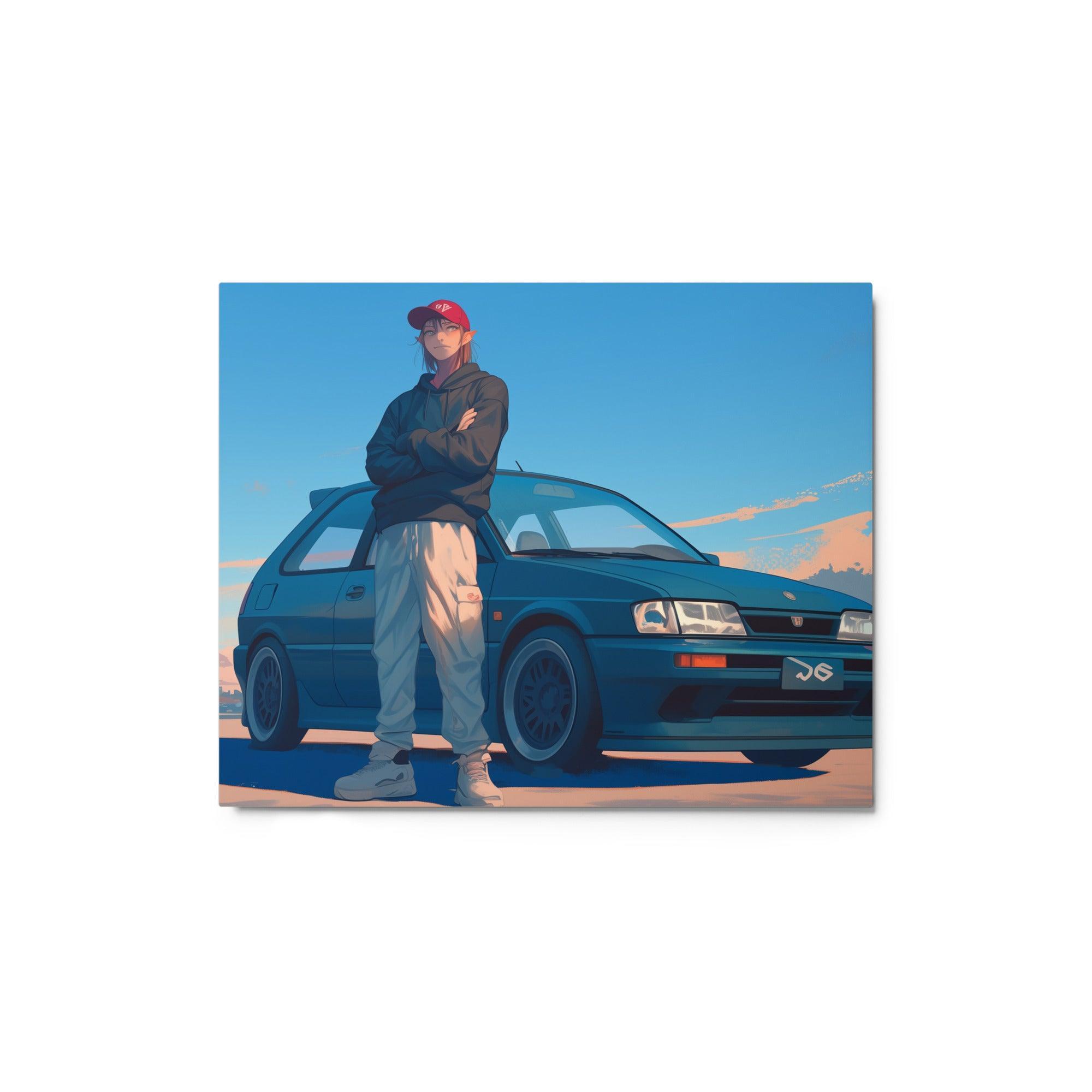 JDM Hatchback with Driver at Sunset Digital Illustration Metal Poster - Oh Posters