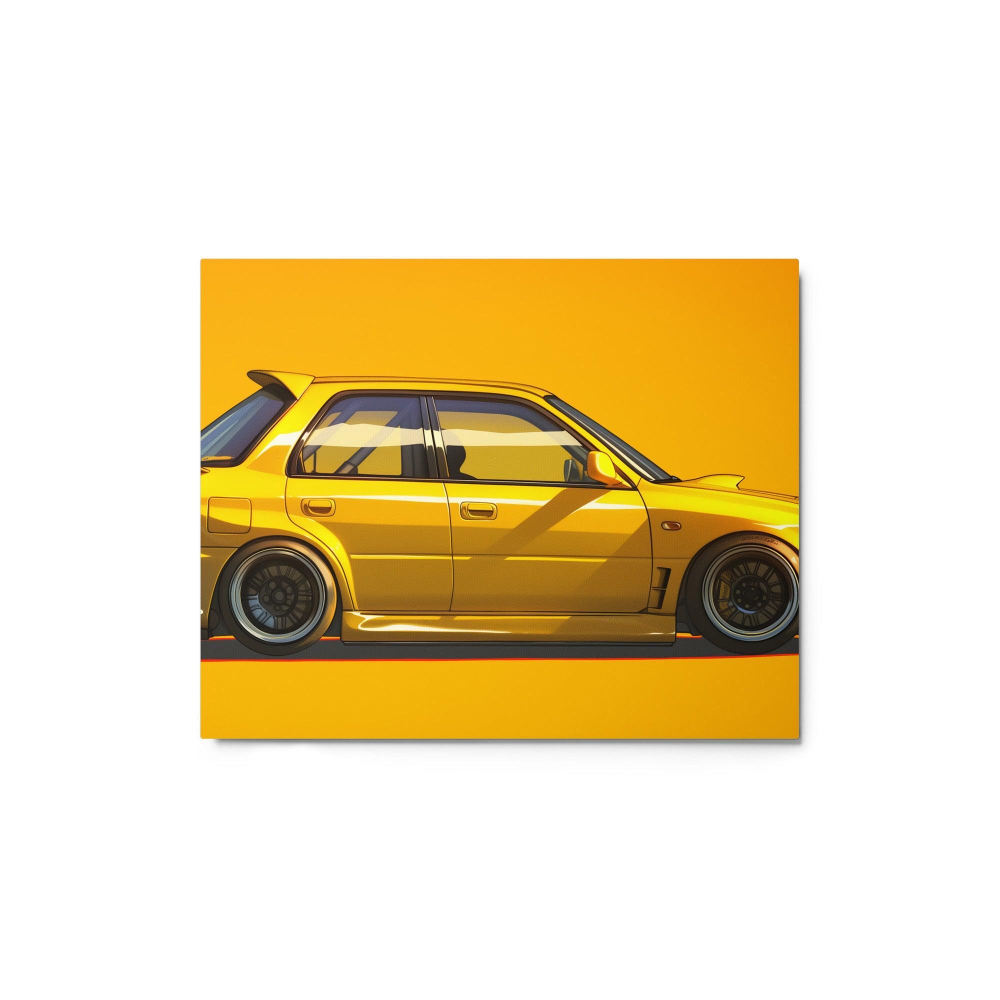 Yellow JDM Hatchback with Racing Spoiler Side Profile Art Metal Poster - Oh Posters