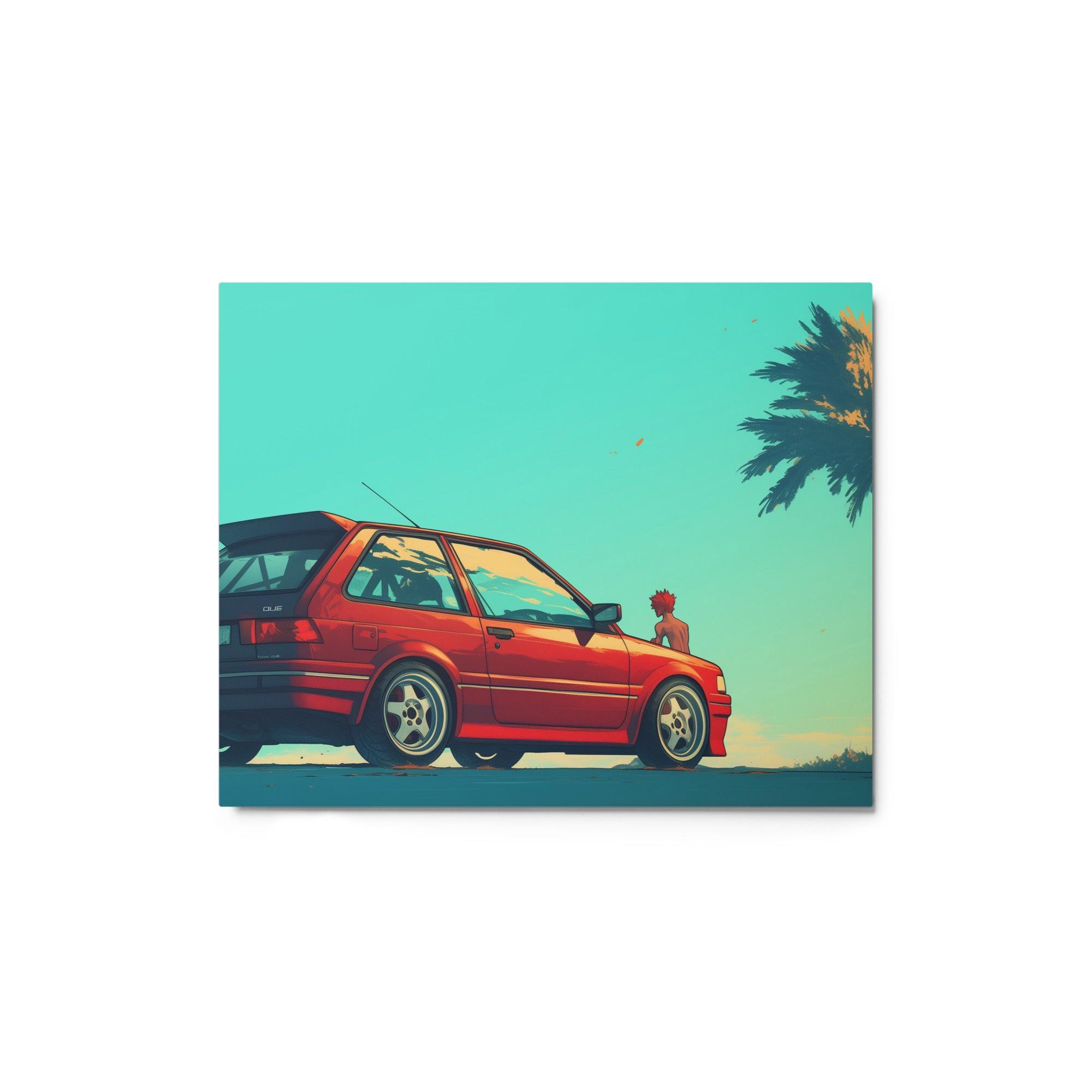 Red JDM Hatchback with Palms in Retro Beach Scene Digital Art Metal Poster - Oh Posters