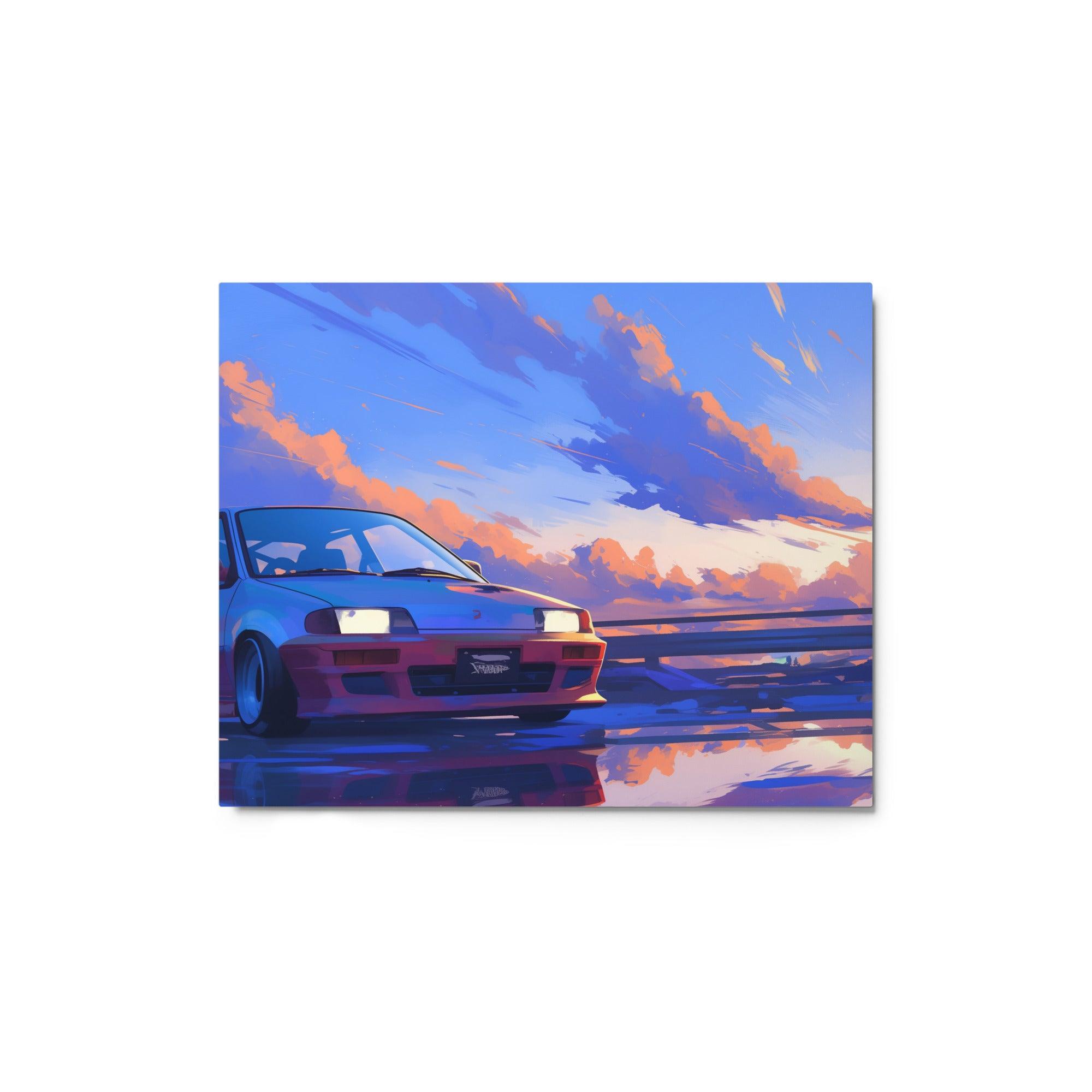 Retro 90s JDM Hatchback Sunset Scene Digital Art Metal Poster - Oh Posters