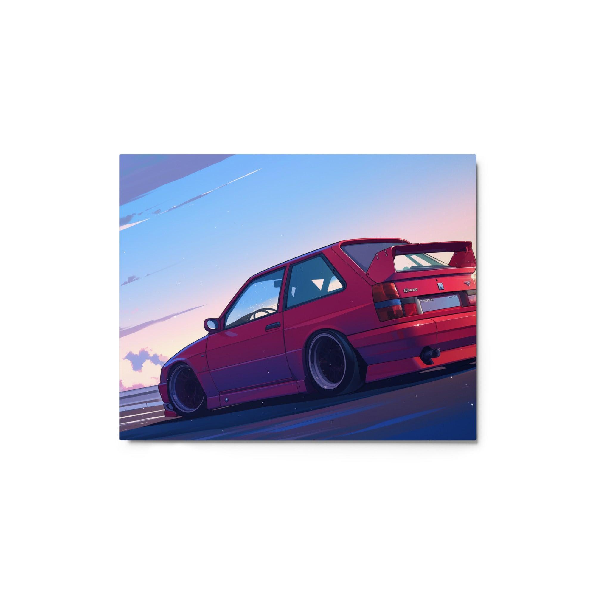 Red JDM 90s Hatchback at Sunset Highway Digital Artwork Metal Poster - Oh Posters