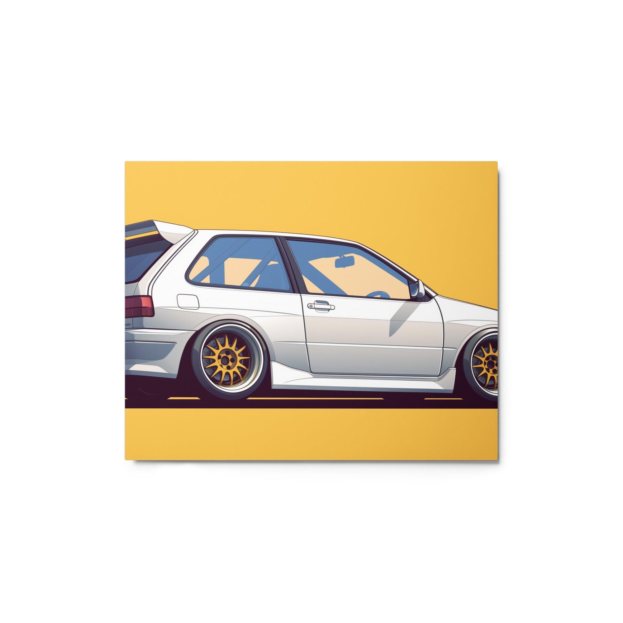 White JDM 90s Hatchback with Gold Wheels Minimalist Side Profile Metal Poster - Oh Posters