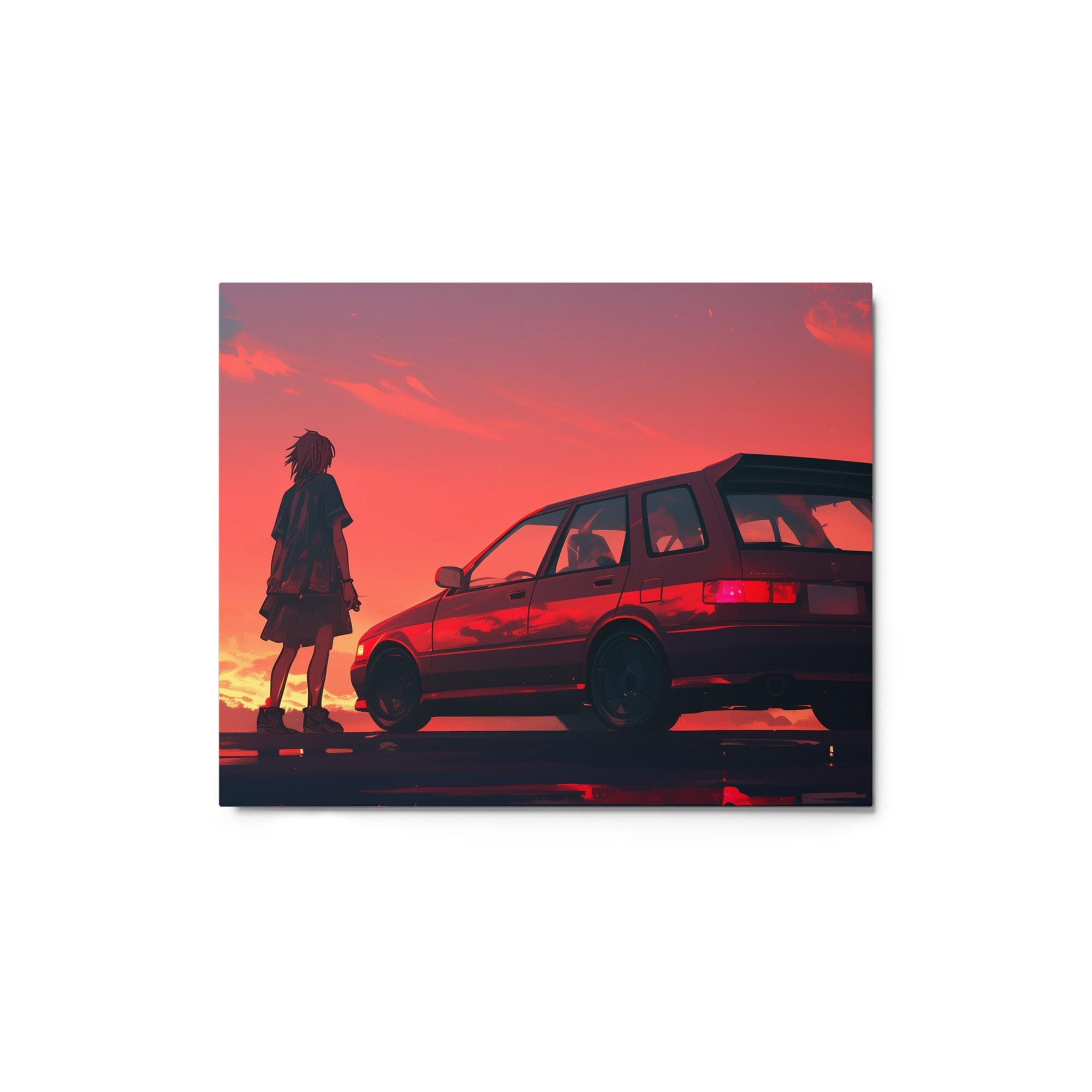 JDM 90s Hatchback Sunset Scene with Lone Figure Digital Art Metal Poster - Oh Posters