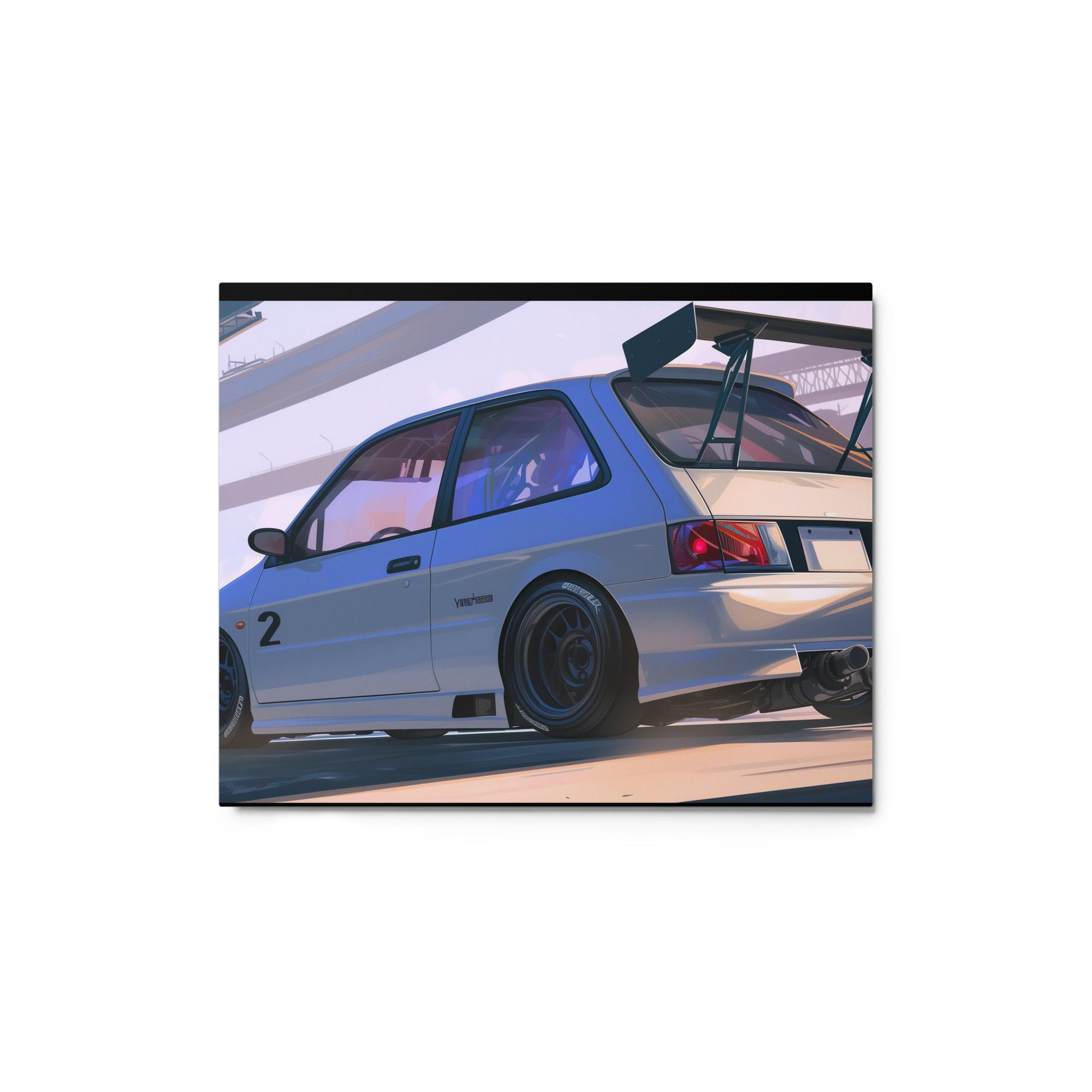 White JDM 90s Hatchback with Racing Spoiler Digital Art Metal Poster - Oh Posters