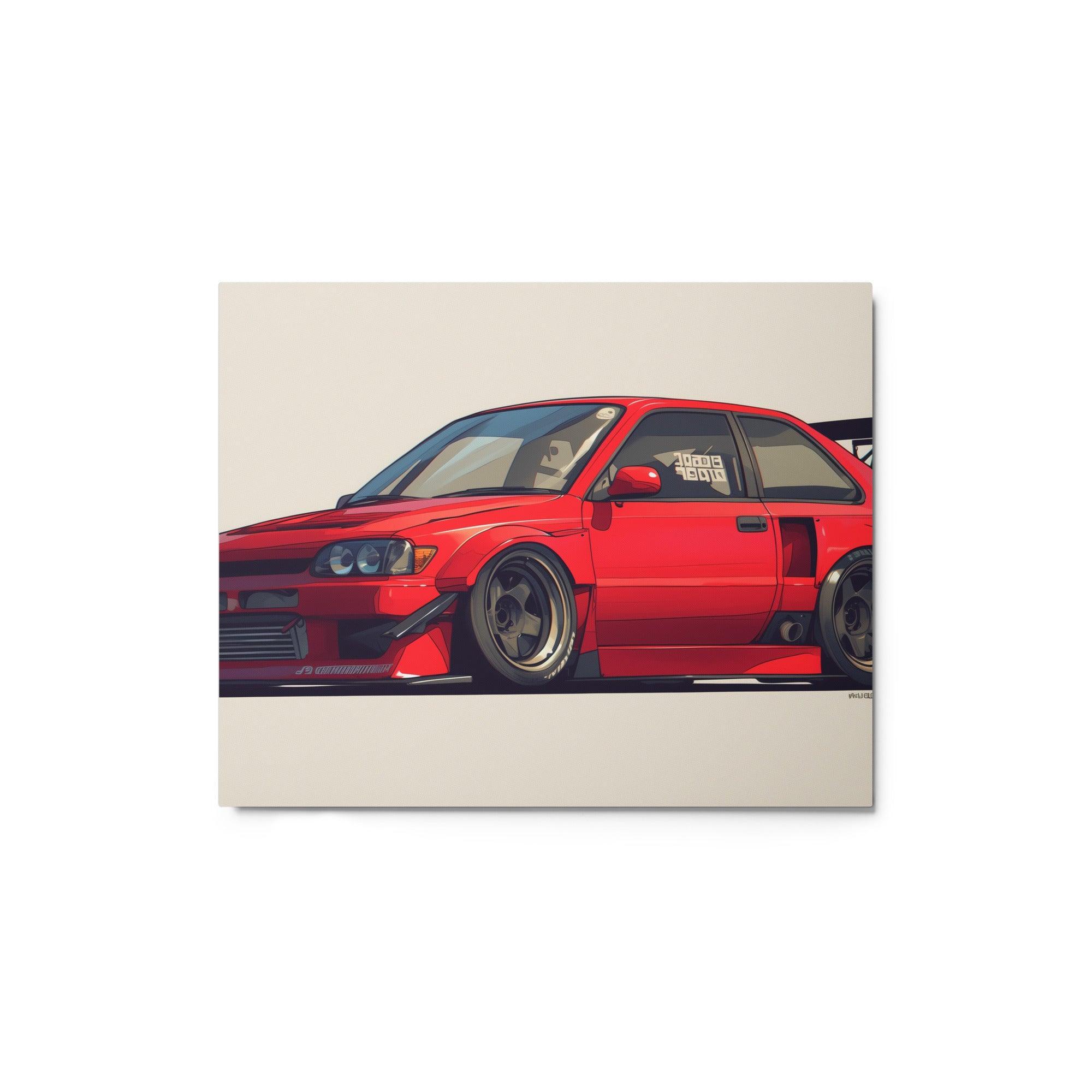 Red JDM 90s Hatchback with Wide Body Kit and Spoiler Digital Art Metal Poster - Oh Posters