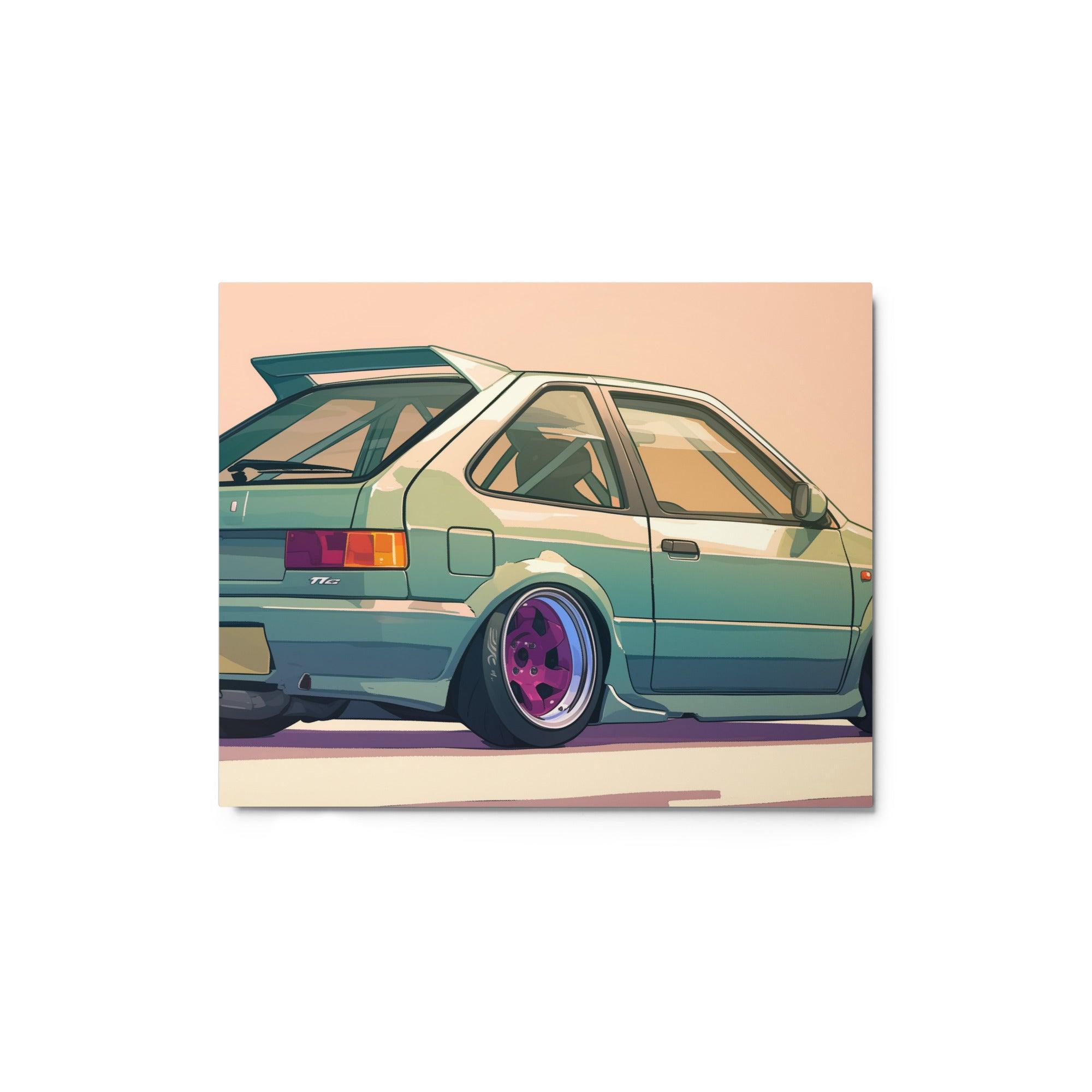 Green JDM 90s Hatchback Rear View with Purple Rims Digital Illustration Metal Poster - Oh Posters