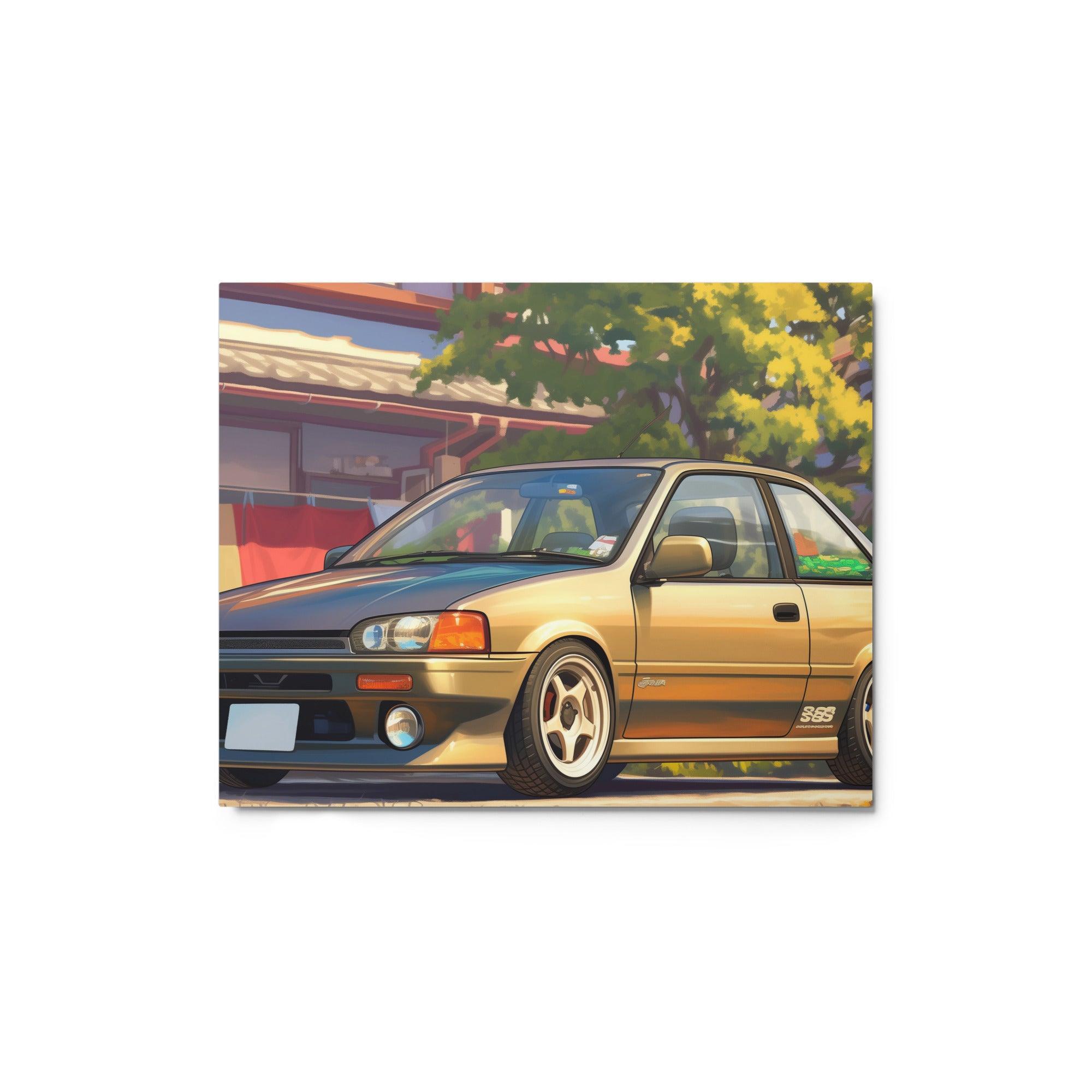 Classic JDM 90s Hatchback in Traditional Street Scene Digital Art Metal Poster - Oh Posters