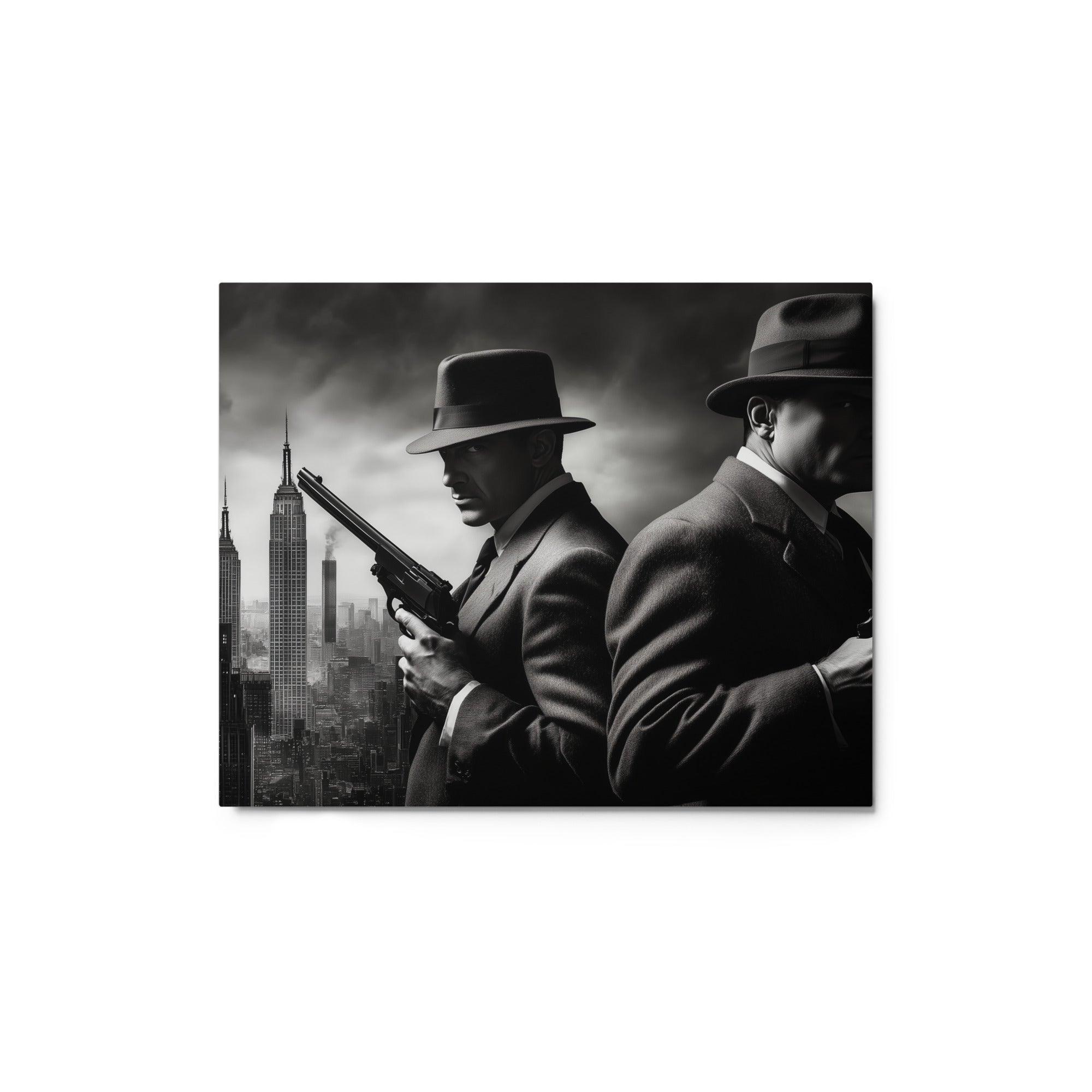 Back-to-Back Mobsters with Skyline Smoke Dramatic Noir Artwork Metal Poster - Oh Posters