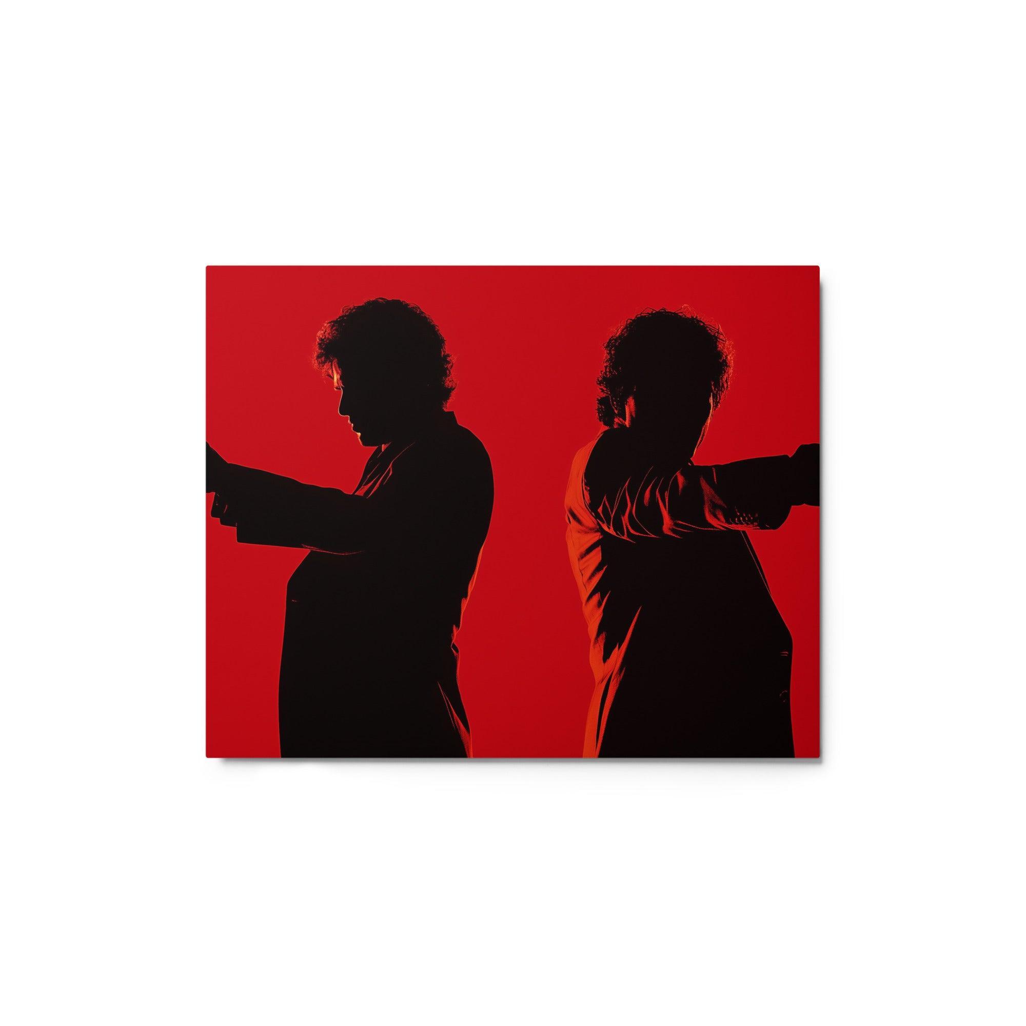 Dual Gunmen Silhouettes on Red Background Cinematic Noir Style Metal Poster - Oh Posters