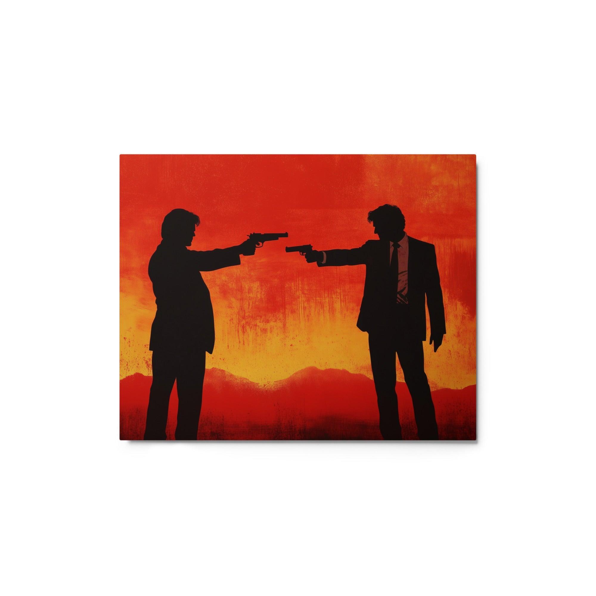 Mafia Gunfight Silhouettes Dramatic Orange-Red Scene Illustration Metal Poster - Oh Posters