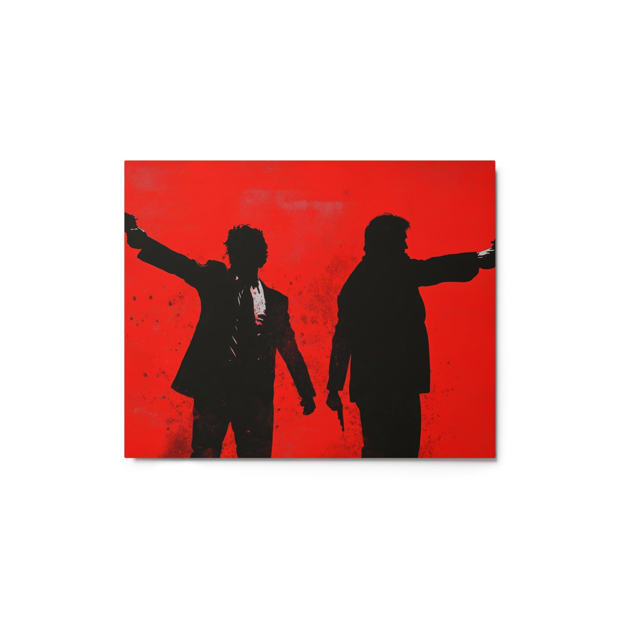 Confrontation Silhouettes in Red Vibrant Noir Crime Artwork Metal Poster - Oh Posters