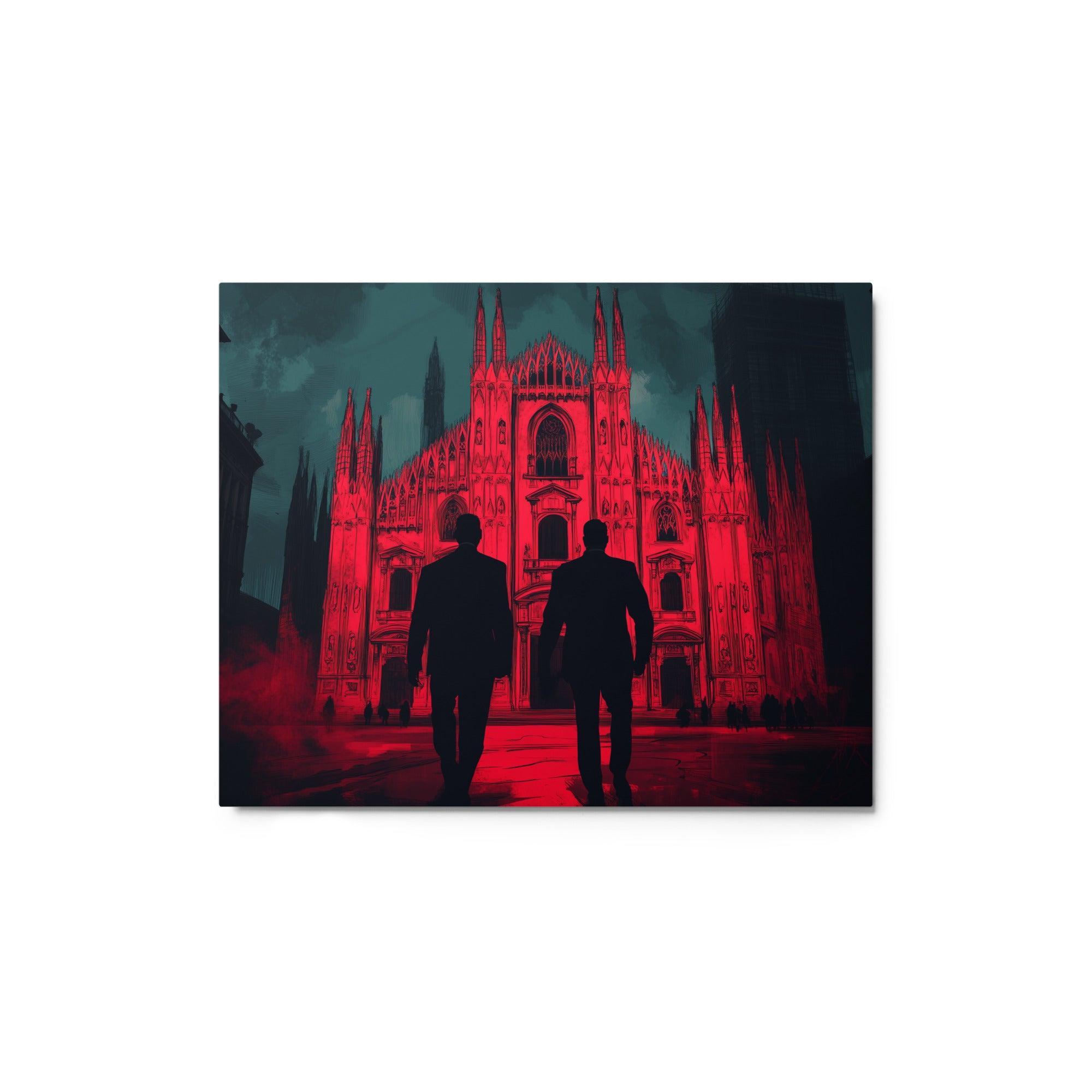 Mafia Figures Walking Towards Illuminated Cathedral Dramatic Red Art Metal Poster - Oh Posters