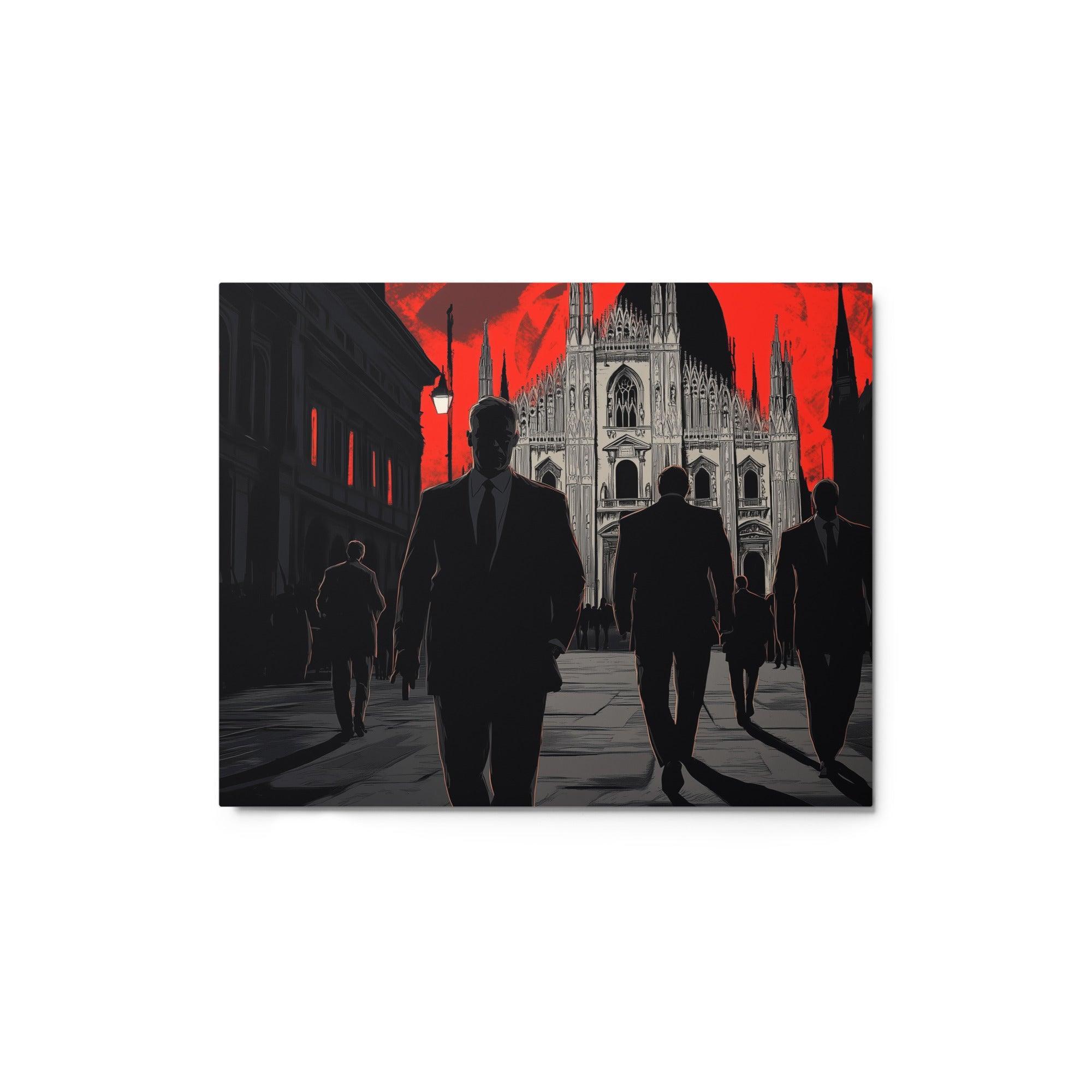 Mobsters Approaching Cathedral Against Red Sky Dark Urban Scene Metal Poster - Oh Posters